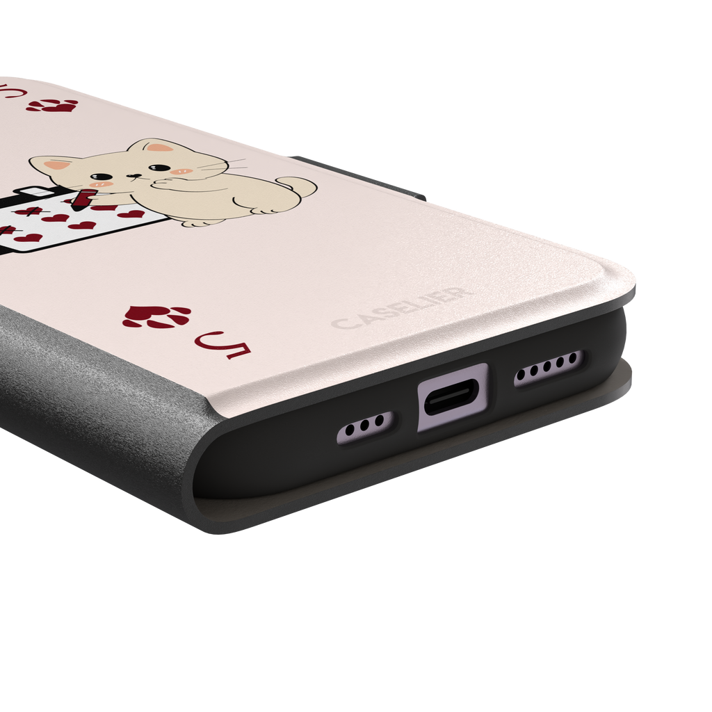 Five of Hearts Paw Decks phone case in blush pink, featuring a kawaii cream kitten marking hearts on a calendar with paw-print suit symbols and number five corners, phone case by Caselier — wallet case, charging port detail