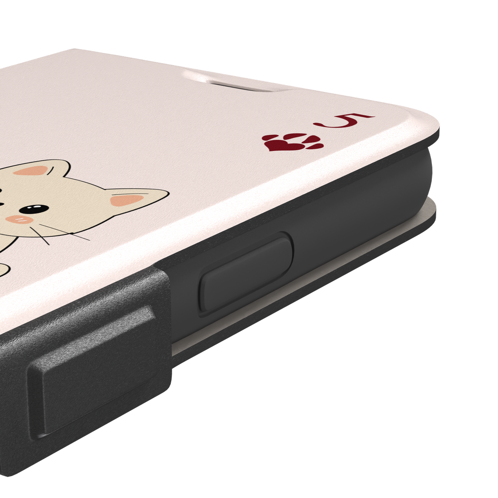 Five of Hearts Paw Decks phone case in blush pink, featuring a kawaii cream kitten marking hearts on a calendar with paw-print suit symbols and number five corners, phone case by Caselier — wallet case, volume buttons detail