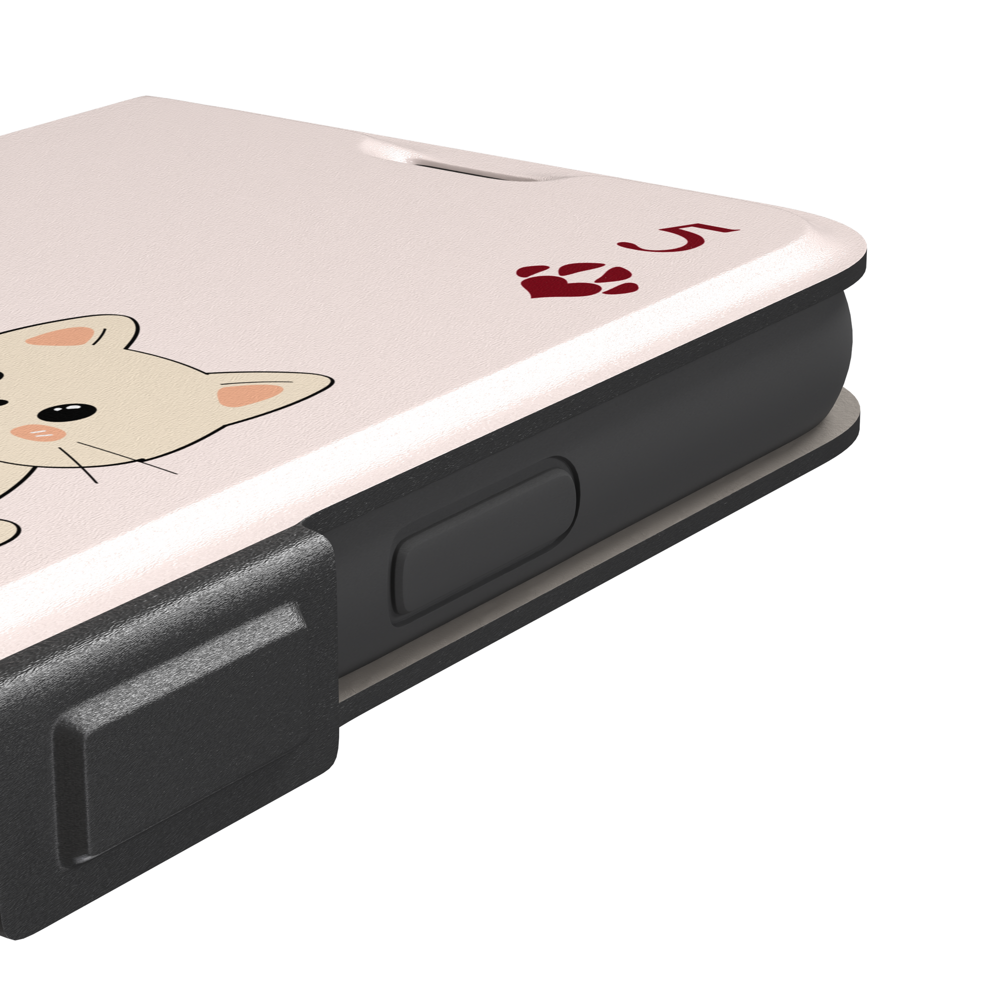 Five of Hearts Paw Decks phone case in blush pink, featuring a kawaii cream kitten marking hearts on a calendar with paw-print suit symbols and number five corners, phone case by Caselier — wallet case, volume buttons detail