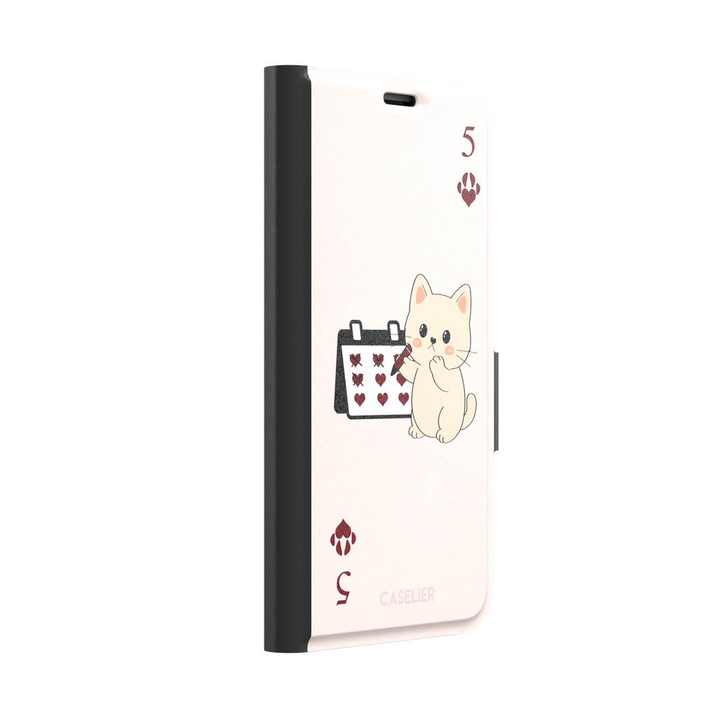 Five of Hearts Paw Decks phone case in blush pink, featuring a kawaii cream kitten marking hearts on a calendar with paw-print suit symbols and number five corners, phone case by Caselier — wallet case, left view