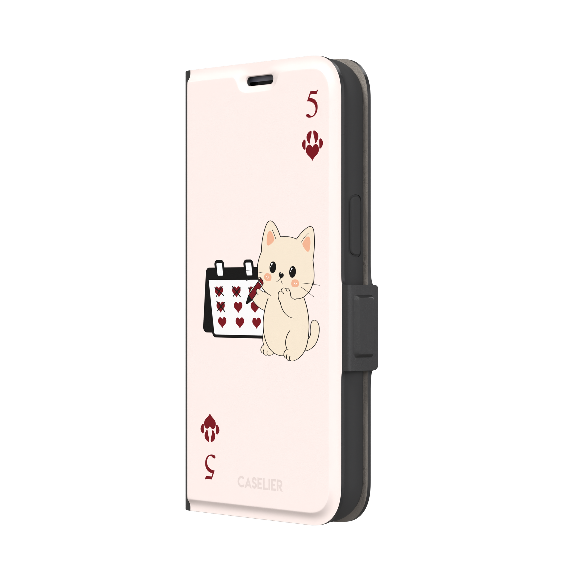 Five of Hearts Paw Decks phone case in blush pink, featuring a kawaii cream kitten marking hearts on a calendar with paw-print suit symbols and number five corners, phone case by Caselier — wallet case, right view