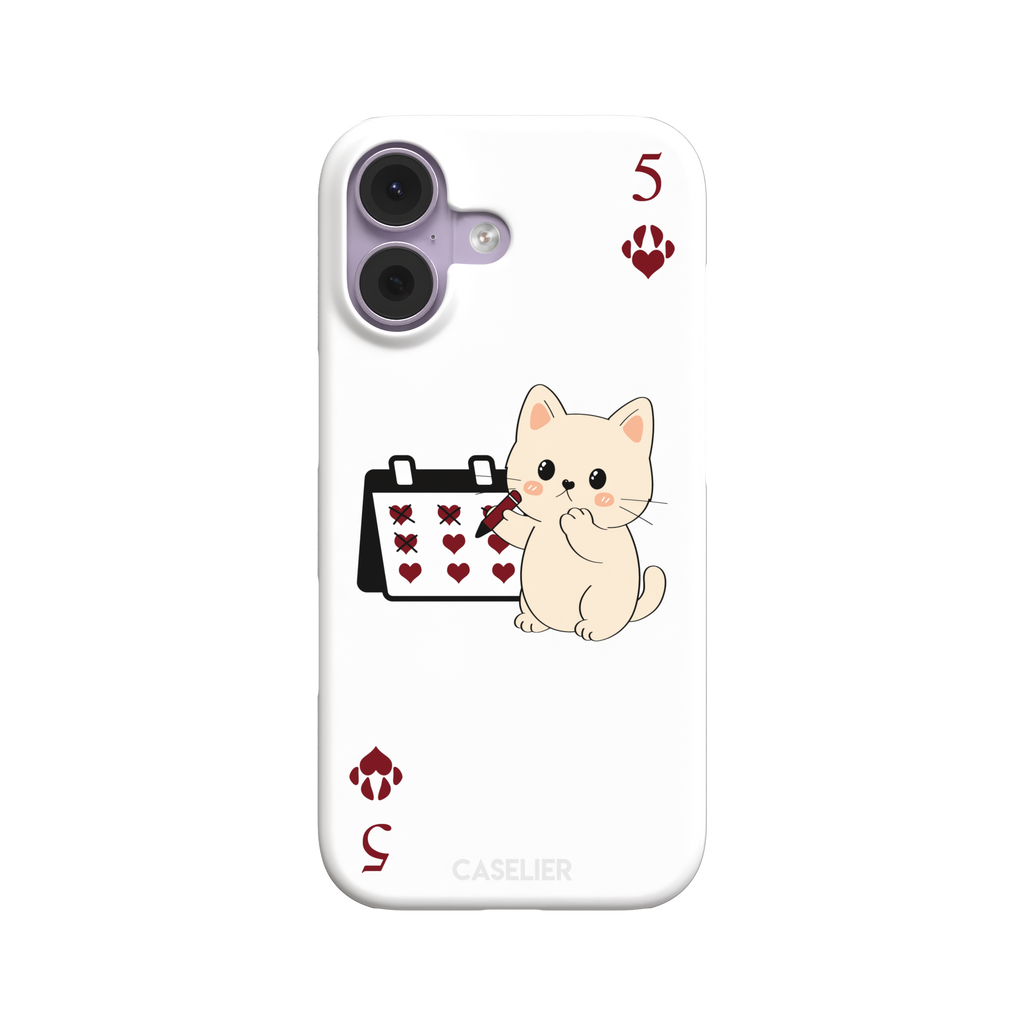 Five of Hearts Paw Decks phone case in white, featuring a kawaii cream kitten marking hearts on a calendar with paw-print suit symbols and number five corners, phone case by Caselier — snap case, front view
