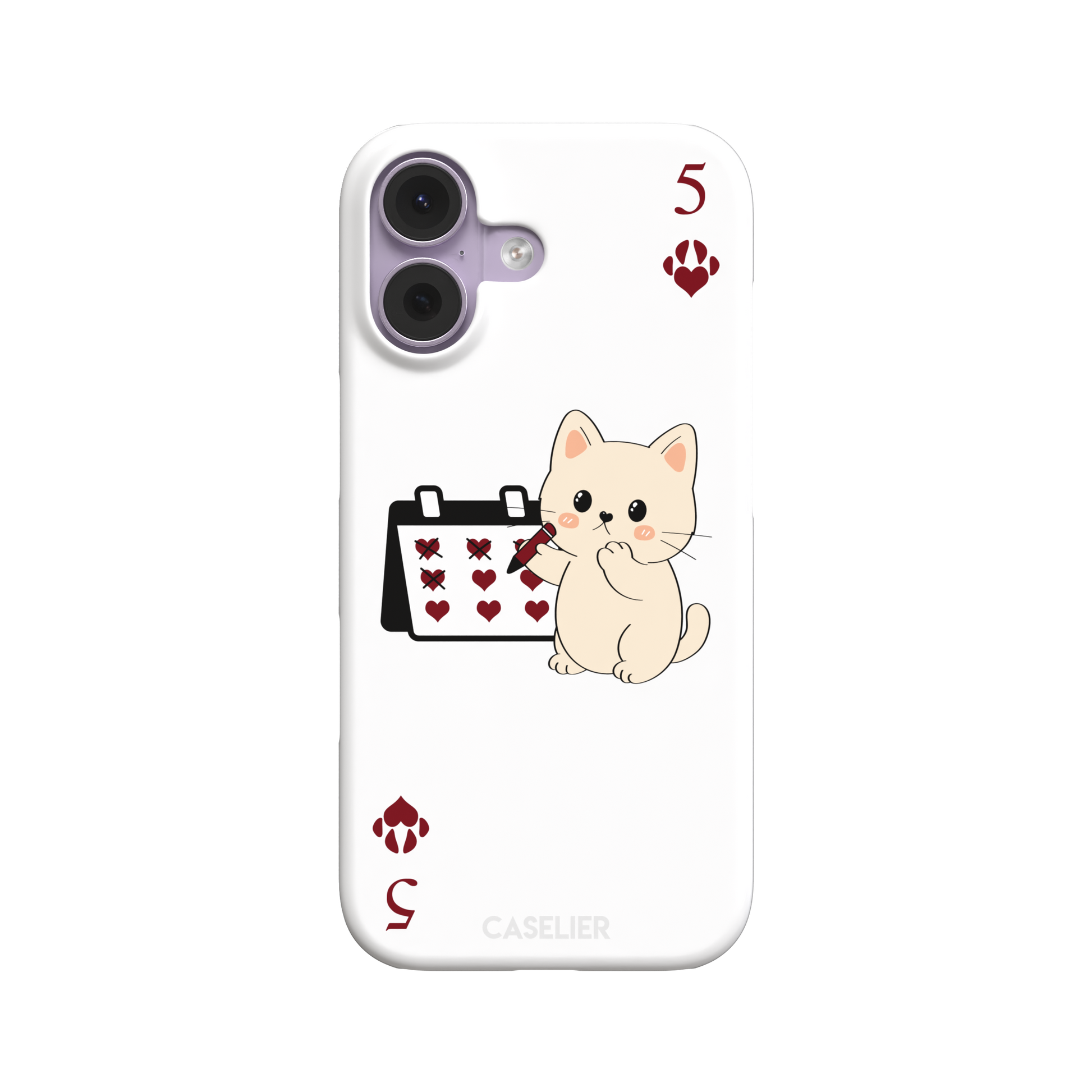 Five of Hearts Paw Decks phone case in white, featuring a kawaii cream kitten marking hearts on a calendar with paw-print suit symbols and number five corners, phone case by Caselier — snap case, front view