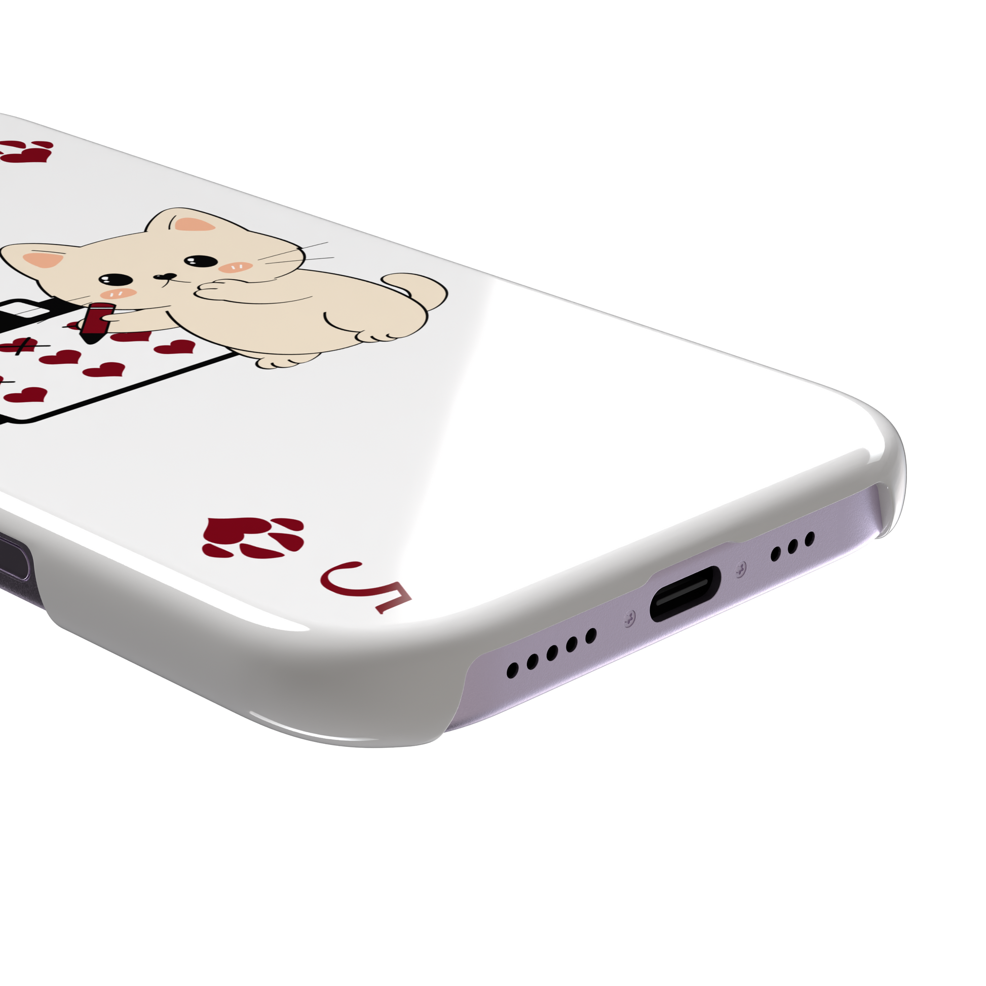 Five of Hearts Paw Decks phone case in white, featuring a kawaii cream kitten marking hearts on a calendar with paw-print suit symbols and number five corners, phone case by Caselier — snap case, charging port detail