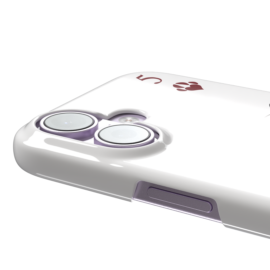 Five of Hearts Paw Decks phone case in white, featuring a kawaii cream kitten marking hearts on a calendar with paw-print suit symbols and number five corners, phone case by Caselier — snap case, volume buttons detail
