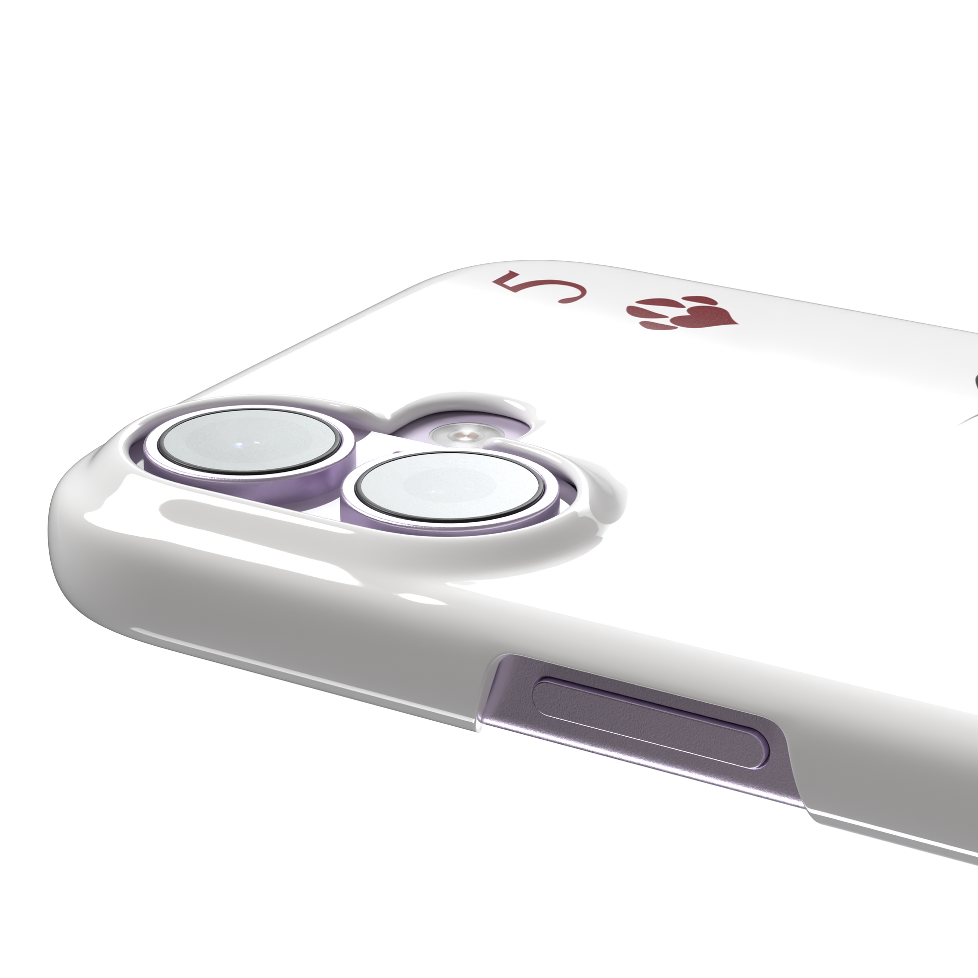 Five of Hearts Paw Decks phone case in white, featuring a kawaii cream kitten marking hearts on a calendar with paw-print suit symbols and number five corners, phone case by Caselier — snap case, volume buttons detail