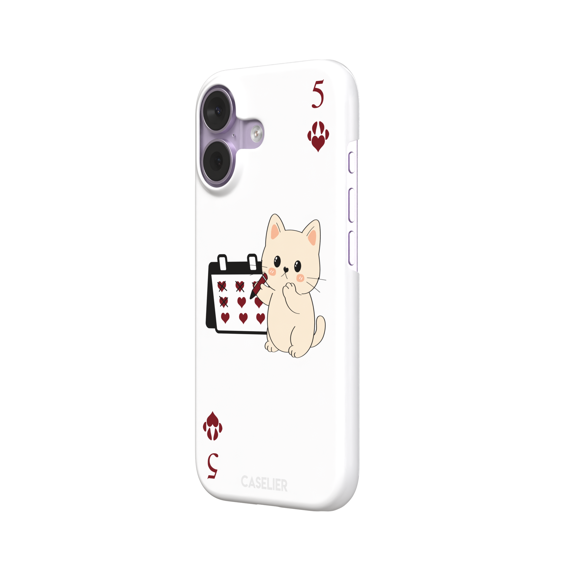 Five of Hearts Paw Decks phone case in white, featuring a kawaii cream kitten marking hearts on a calendar with paw-print suit symbols and number five corners, phone case by Caselier — snap case, right view