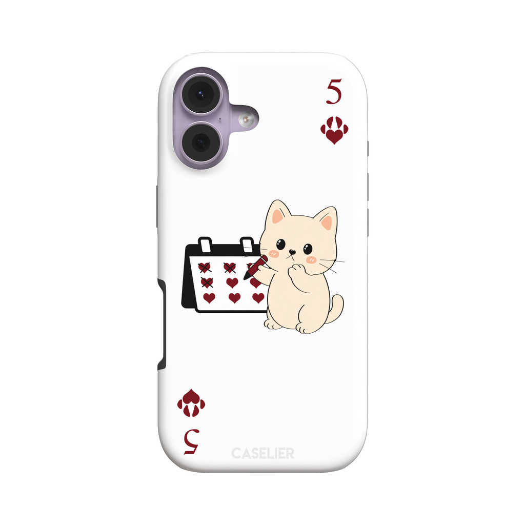 Five of Hearts Paw Decks phone case in white, featuring a kawaii cream kitten marking hearts on a calendar with paw-print suit symbols and number five corners, phone case by Caselier — tough case, front view