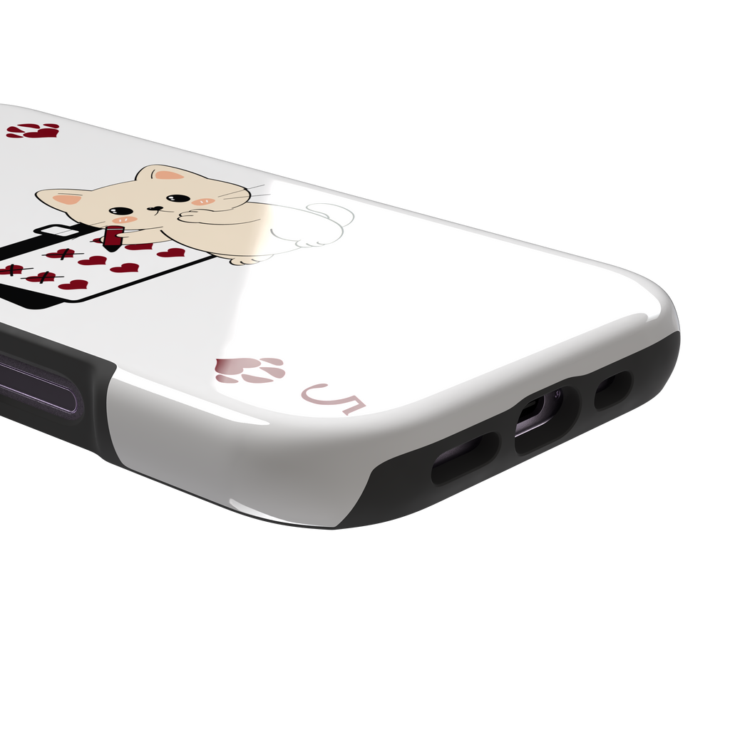 Five of Hearts Paw Decks phone case in white, featuring a kawaii cream kitten marking hearts on a calendar with paw-print suit symbols and number five corners, phone case by Caselier — tough case, charging port detail