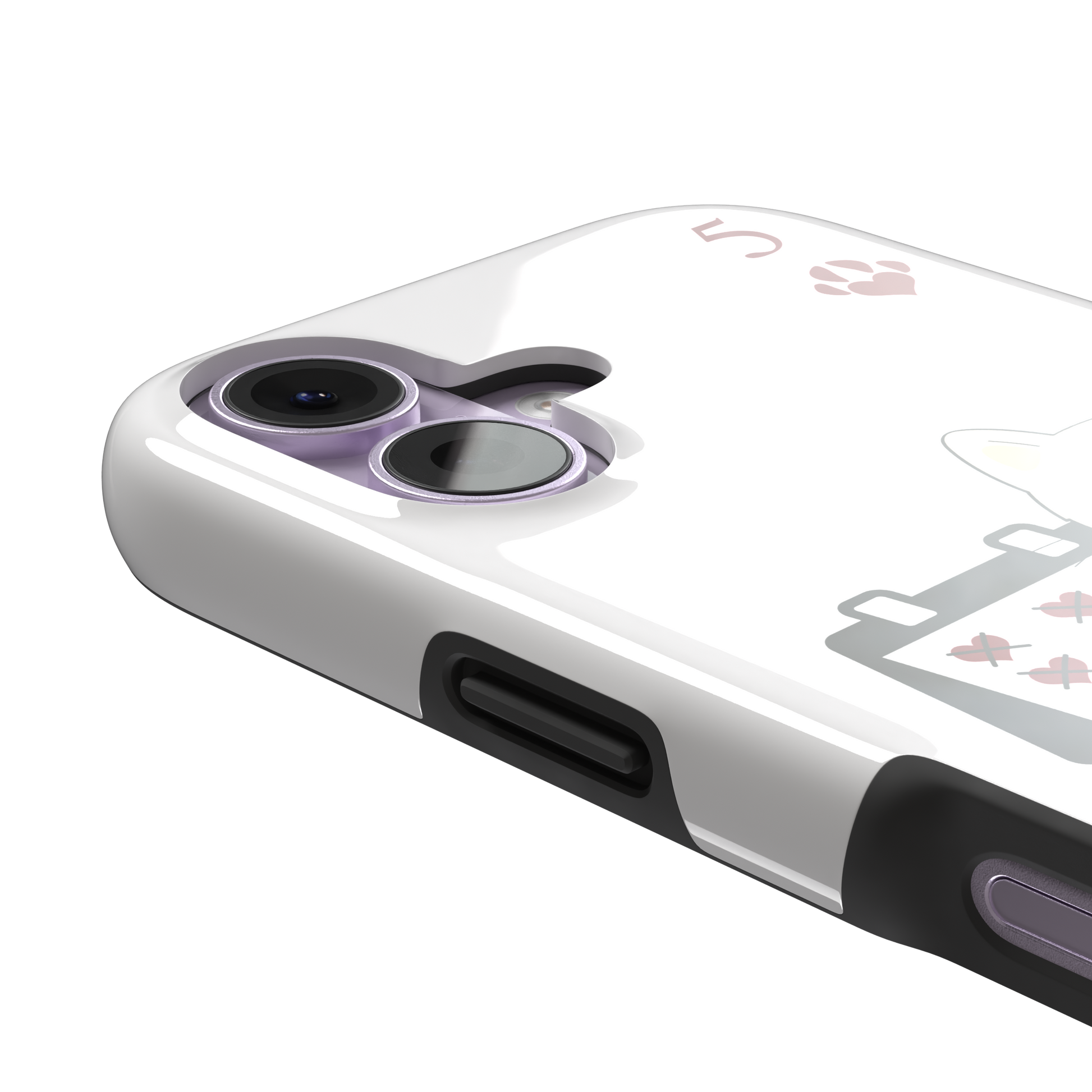 Five of Hearts Paw Decks phone case in white, featuring a kawaii cream kitten marking hearts on a calendar with paw-print suit symbols and number five corners, phone case by Caselier — tough case, volume buttons detail