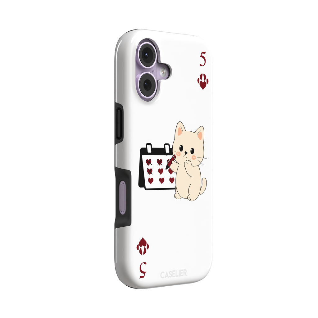 Five of Hearts Paw Decks phone case in white, featuring a kawaii cream kitten marking hearts on a calendar with paw-print suit symbols and number five corners, phone case by Caselier — tough case, left view