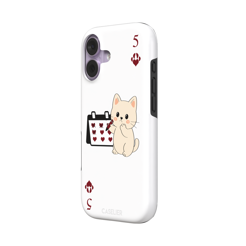 Five of Hearts Paw Decks phone case in white, featuring a kawaii cream kitten marking hearts on a calendar with paw-print suit symbols and number five corners, phone case by Caselier — tough case, right view