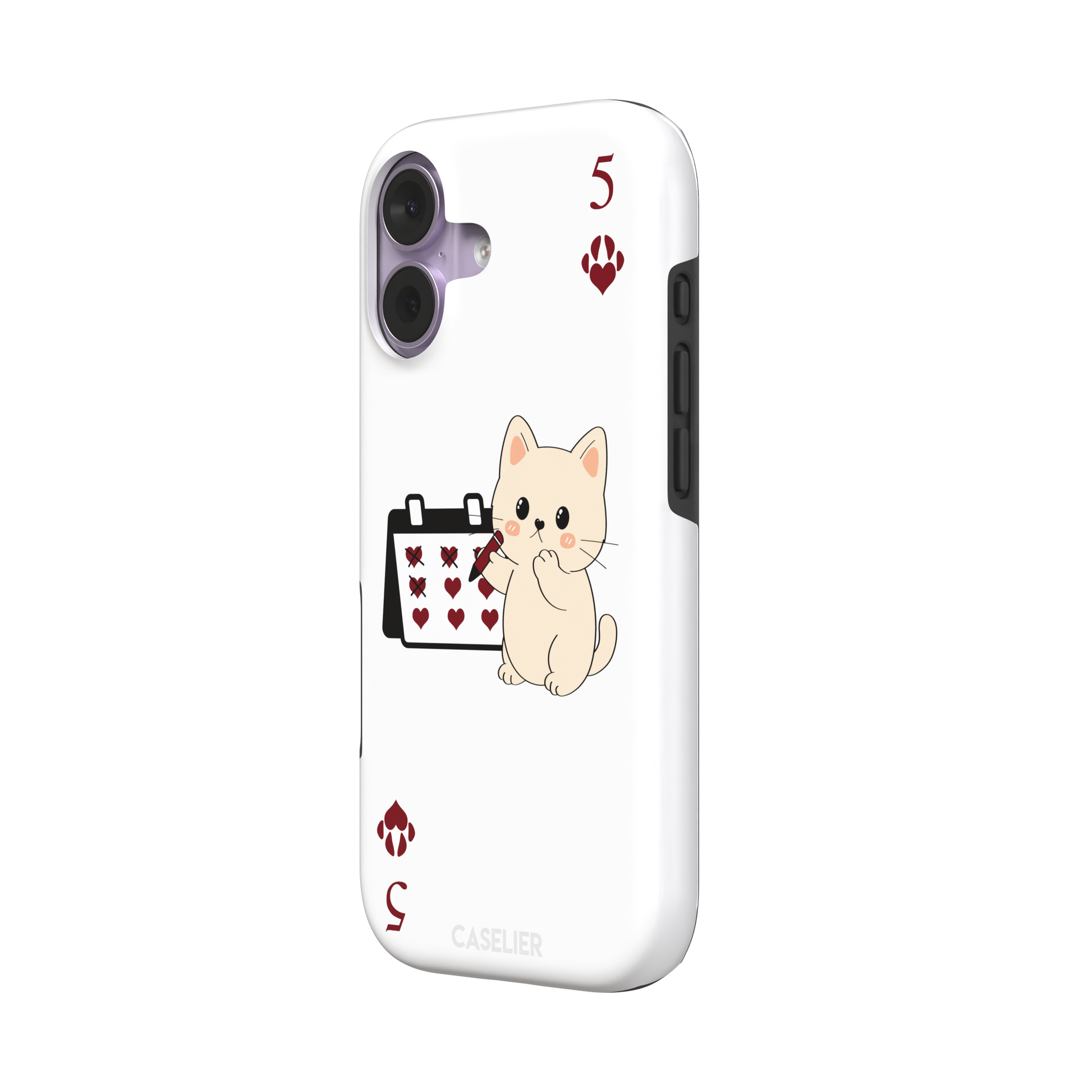 Five of Hearts Paw Decks phone case in white, featuring a kawaii cream kitten marking hearts on a calendar with paw-print suit symbols and number five corners, phone case by Caselier — tough case, right view