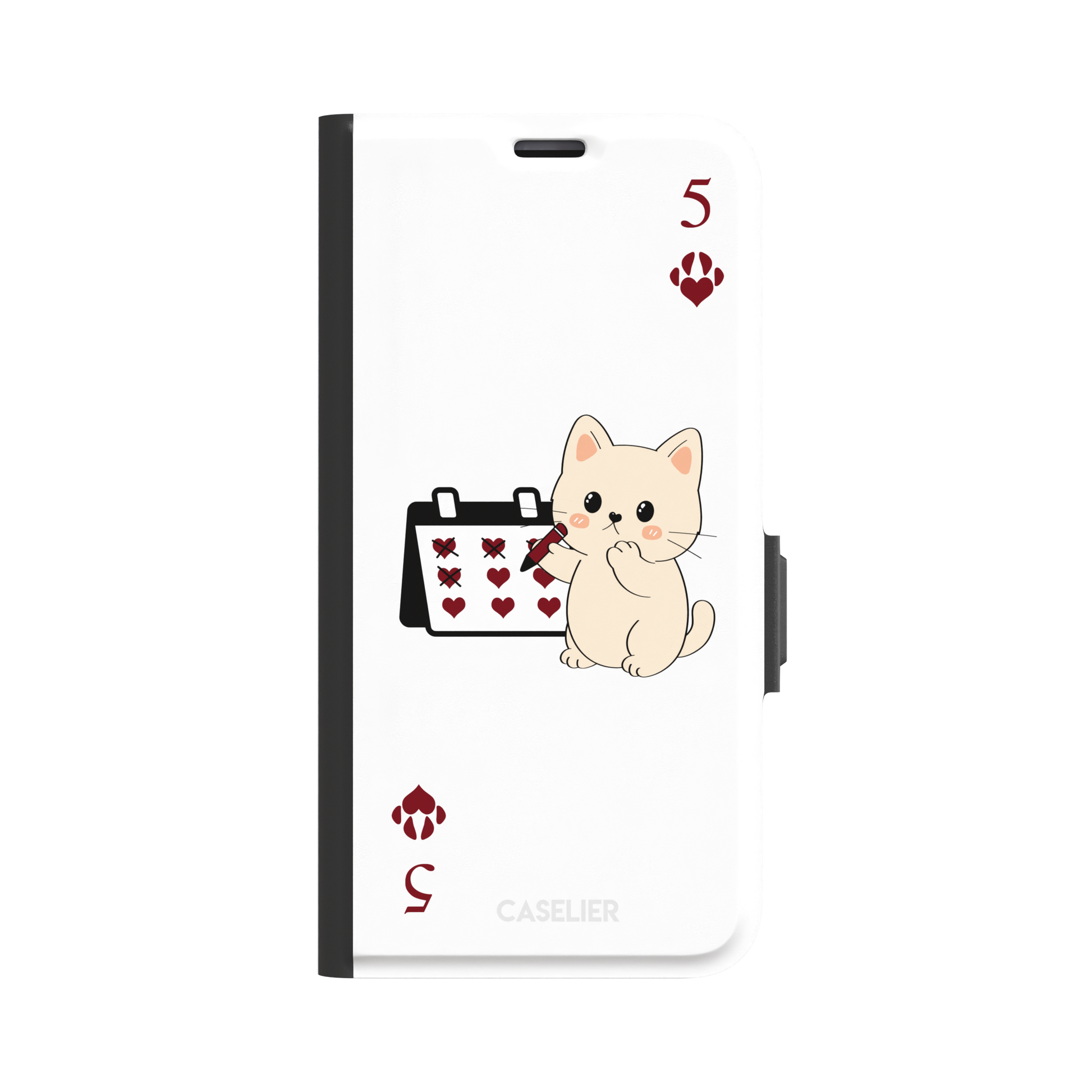 Five of Hearts Paw Decks phone case in white, featuring a kawaii cream kitten marking hearts on a calendar with paw-print suit symbols and number five corners, phone case by Caselier — wallet case, front view