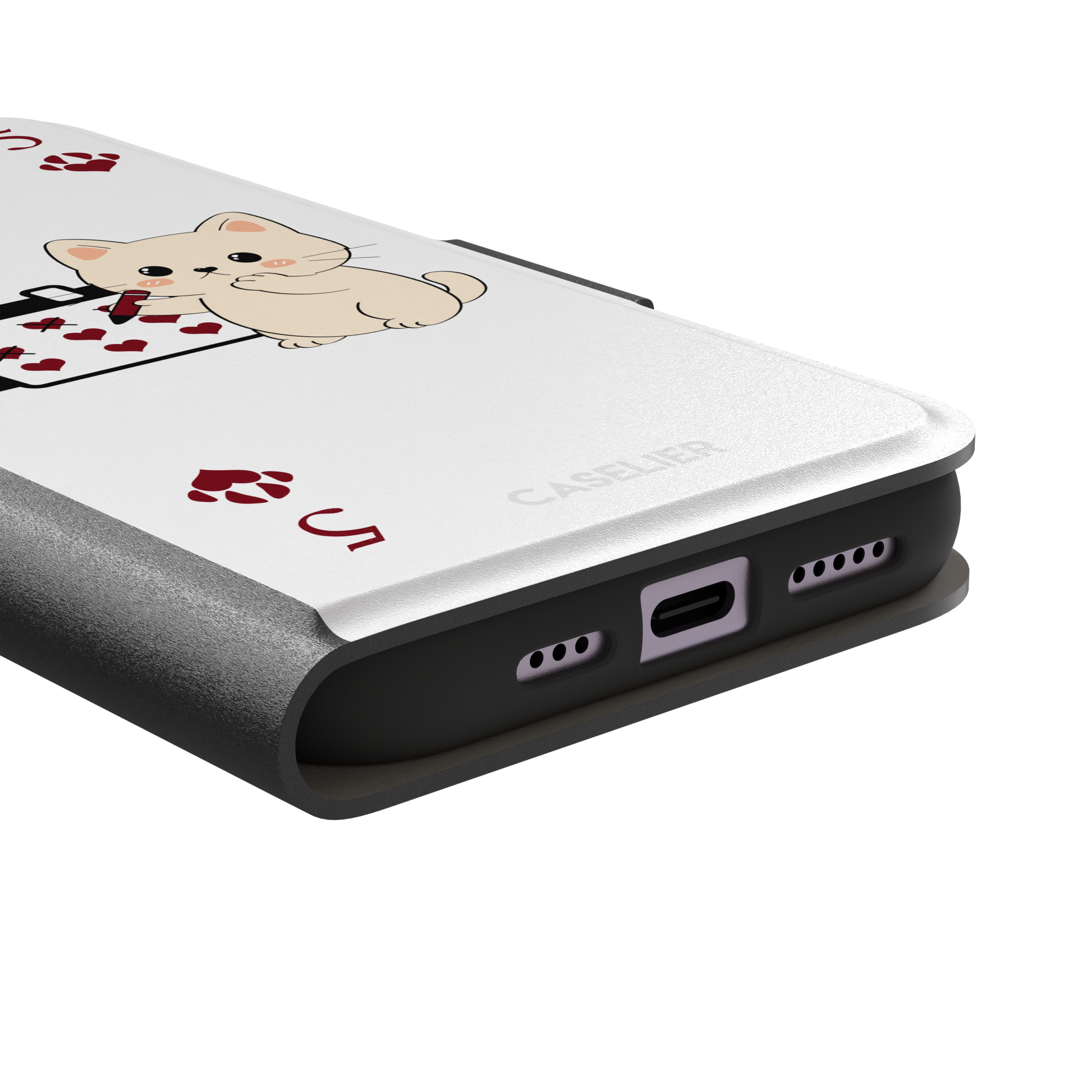 Five of Hearts Paw Decks phone case in white, featuring a kawaii cream kitten marking hearts on a calendar with paw-print suit symbols and number five corners, phone case by Caselier — wallet case, charging port detail