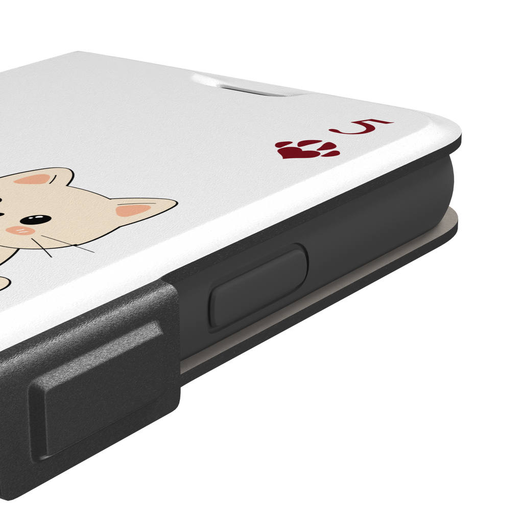 Five of Hearts Paw Decks phone case in white, featuring a kawaii cream kitten marking hearts on a calendar with paw-print suit symbols and number five corners, phone case by Caselier — wallet case, volume buttons detail