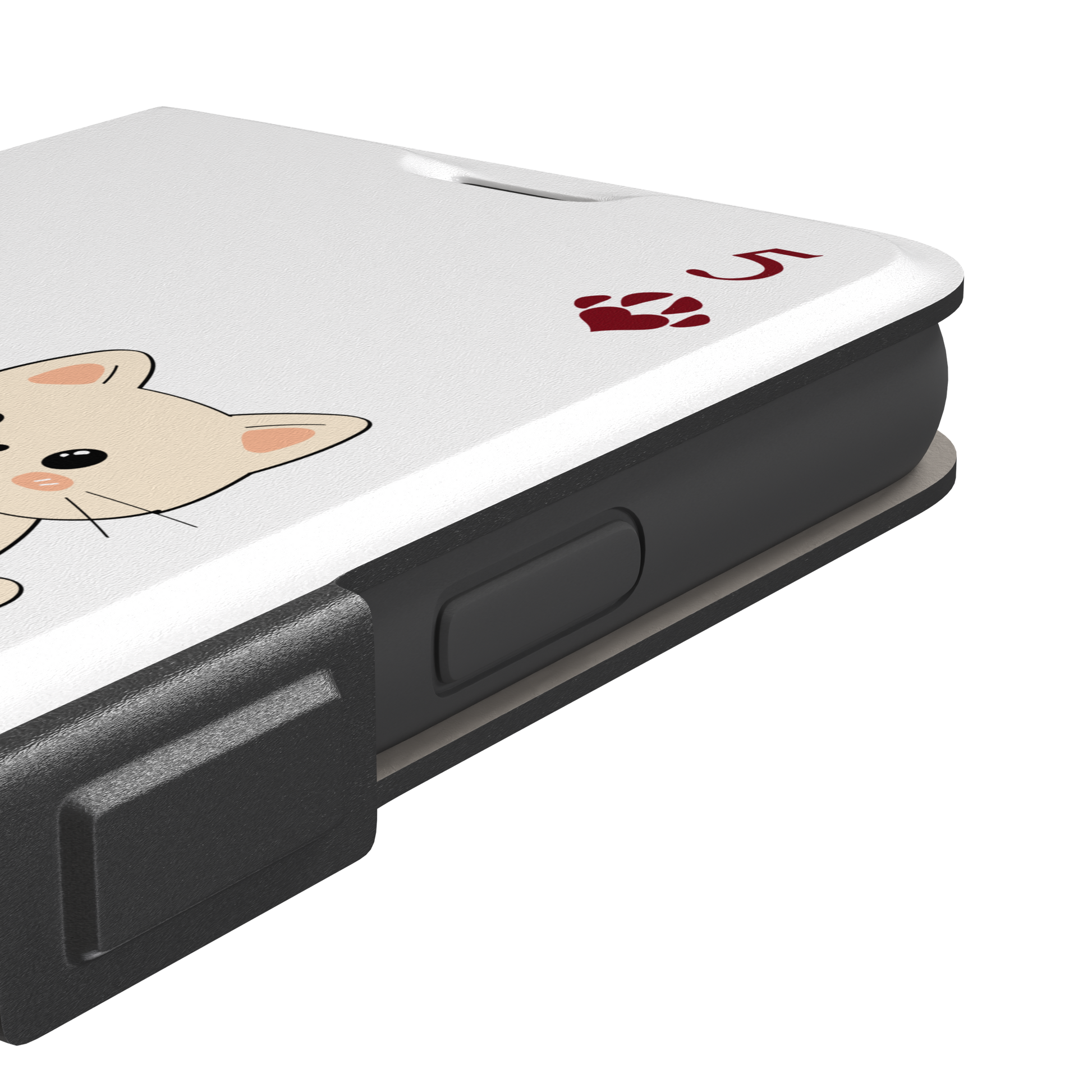 Five of Hearts Paw Decks phone case in white, featuring a kawaii cream kitten marking hearts on a calendar with paw-print suit symbols and number five corners, phone case by Caselier — wallet case, volume buttons detail