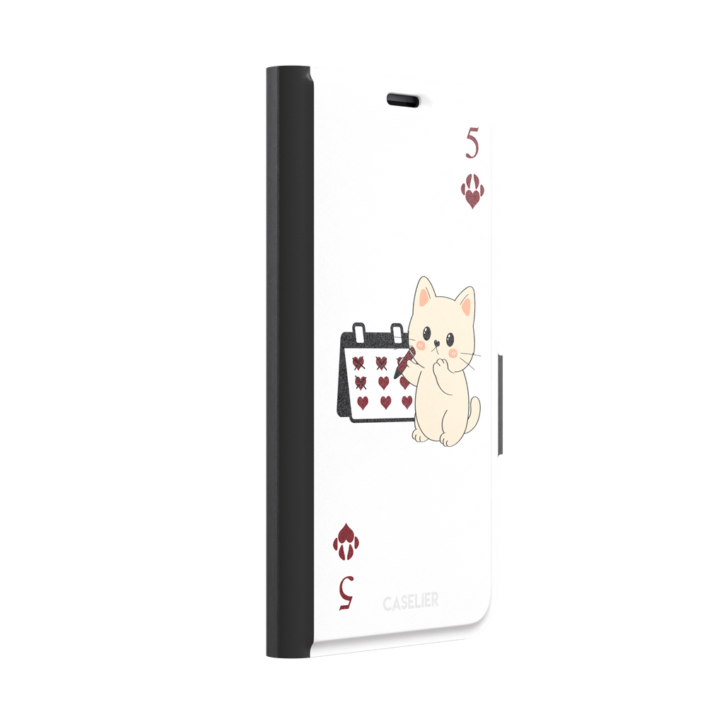 Five of Hearts Paw Decks phone case in white, featuring a kawaii cream kitten marking hearts on a calendar with paw-print suit symbols and number five corners, phone case by Caselier — wallet case, left view