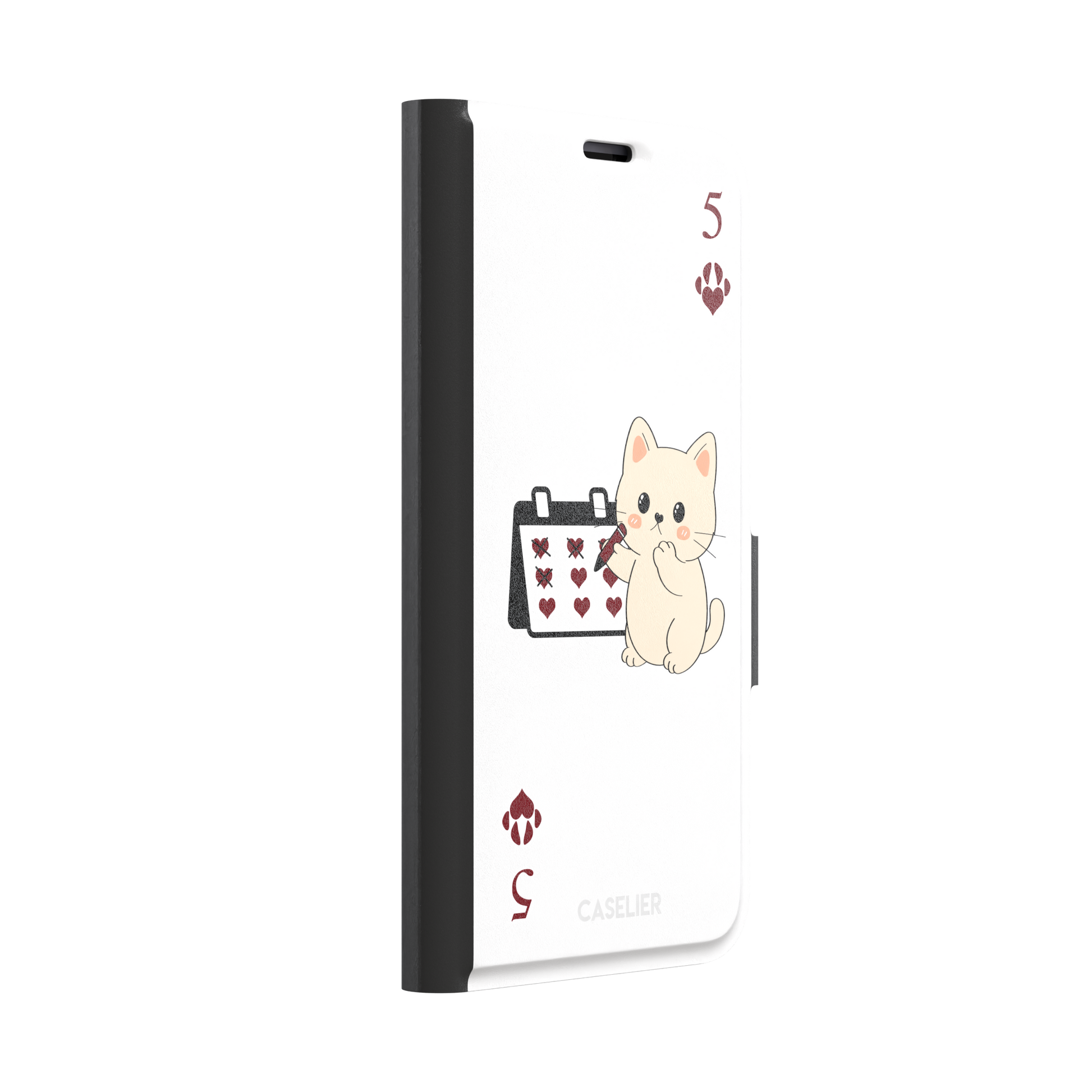 Five of Hearts Paw Decks phone case in white, featuring a kawaii cream kitten marking hearts on a calendar with paw-print suit symbols and number five corners, phone case by Caselier — wallet case, left view