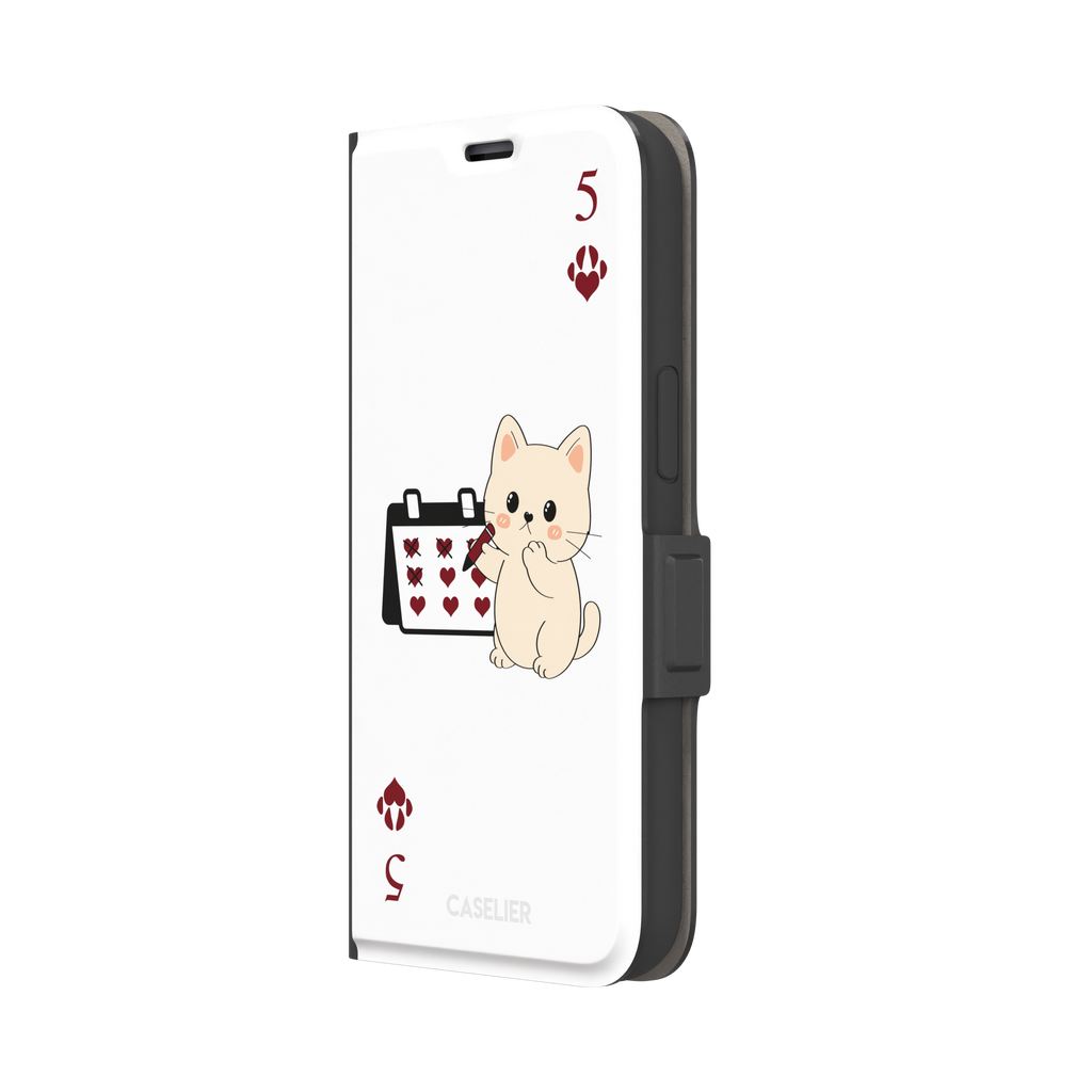 Five of Hearts Paw Decks phone case in white, featuring a kawaii cream kitten marking hearts on a calendar with paw-print suit symbols and number five corners, phone case by Caselier — wallet case, right view