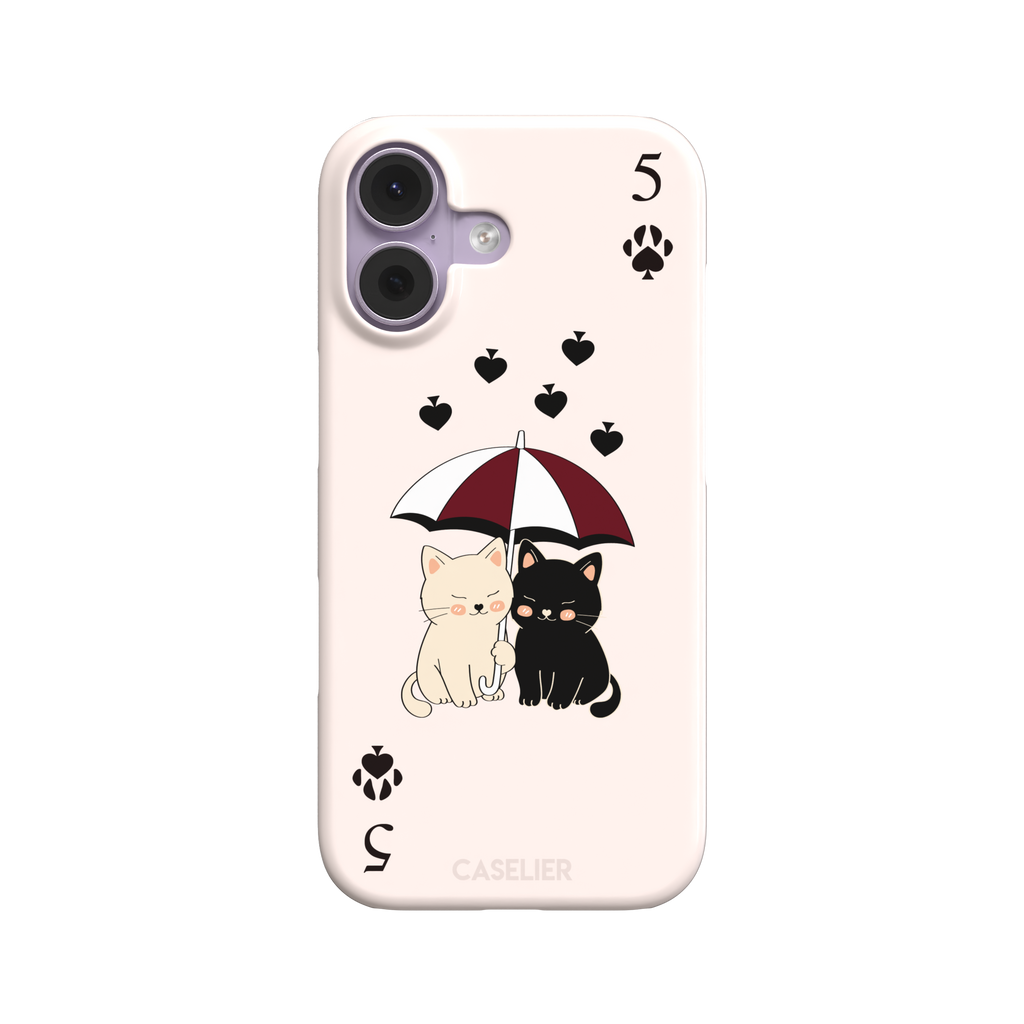 Five of Spades phone case in blush pink with two cartoon cats under a burgundy umbrella, black falling hearts and paw print spade symbols, by Caselier — snap case, front view