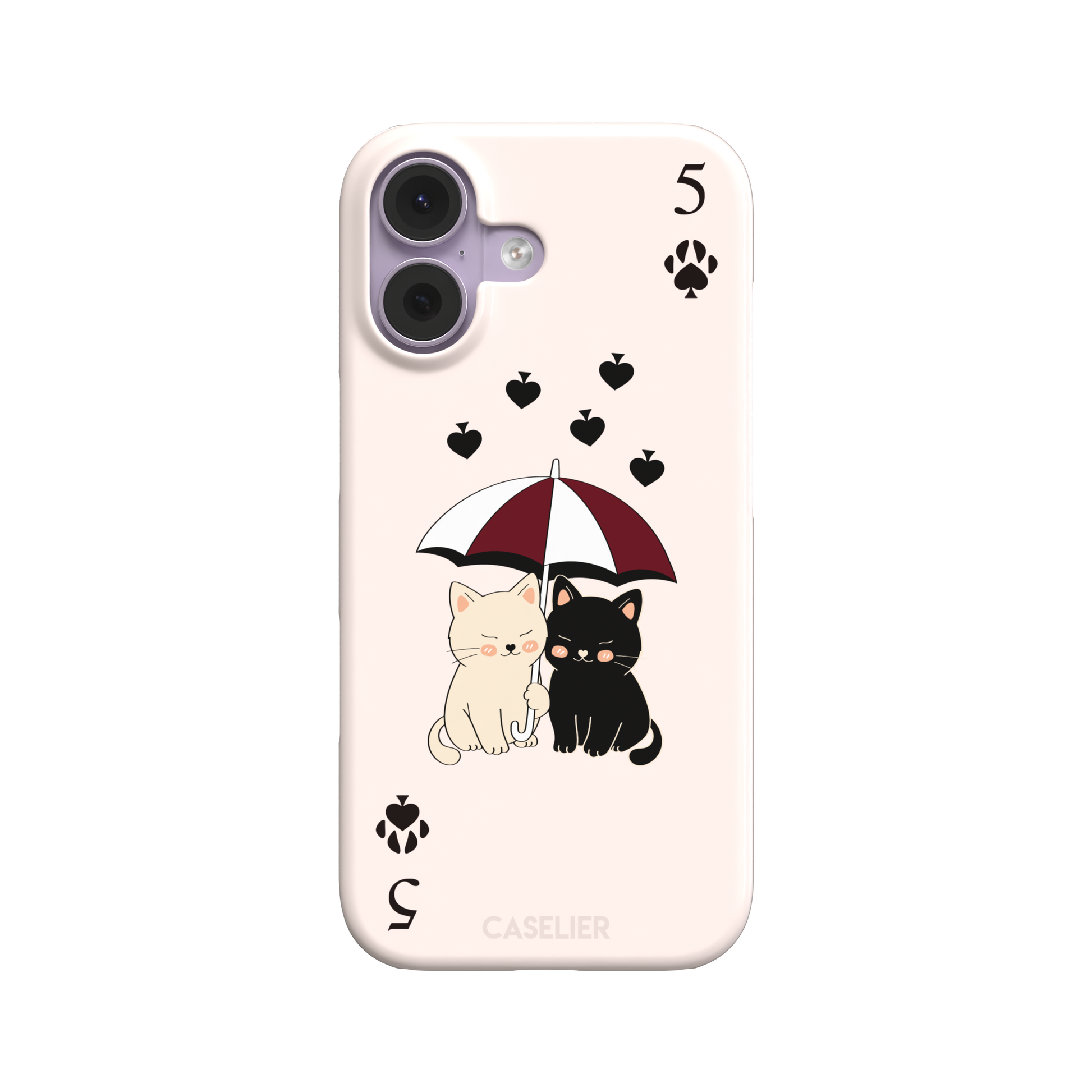Five of Spades phone case in blush pink with two cartoon cats under a burgundy umbrella, black falling hearts and paw print spade symbols, by Caselier — snap case, front view