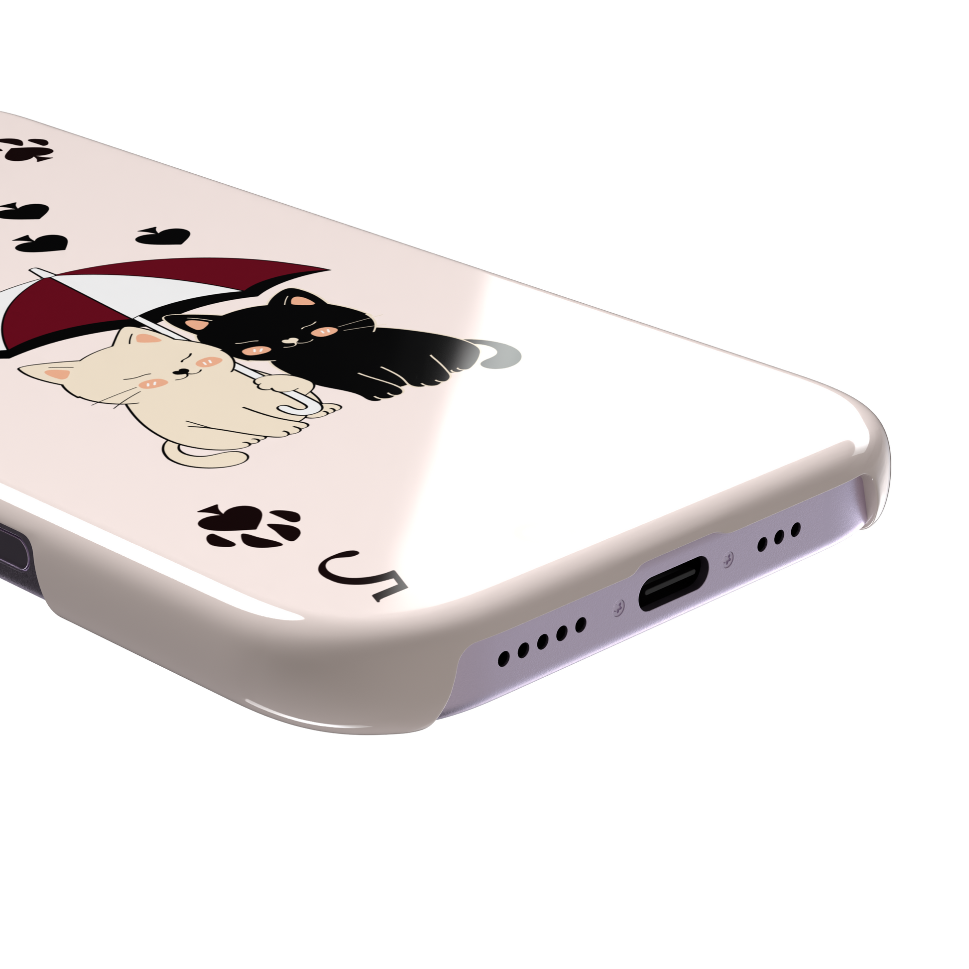 Five of Spades phone case in blush pink with two cartoon cats under a burgundy umbrella, black falling hearts and paw print spade symbols, by Caselier — snap case, charging port detail