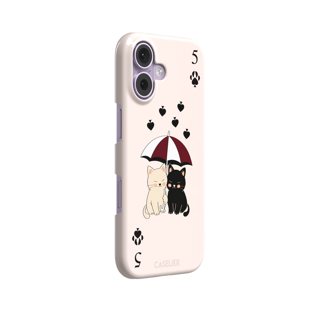 Five of Spades phone case in blush pink with two cartoon cats under a burgundy umbrella, black falling hearts and paw print spade symbols, by Caselier — snap case, left view