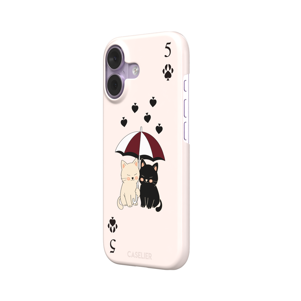 Five of Spades phone case in blush pink with two cartoon cats under a burgundy umbrella, black falling hearts and paw print spade symbols, by Caselier — snap case, right view