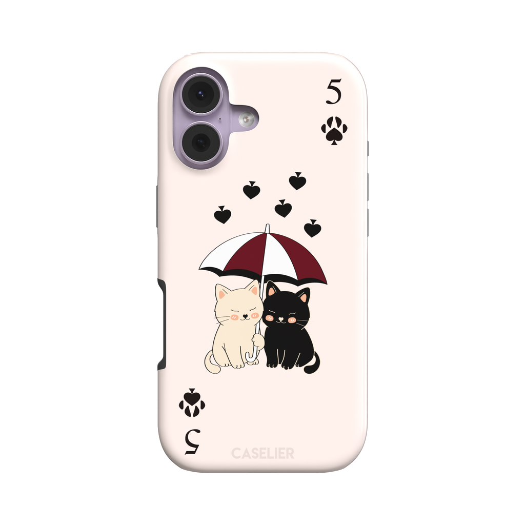 Five of Spades phone case in blush pink with two cartoon cats under a burgundy umbrella, black falling hearts and paw print spade symbols, by Caselier — tough case, front view