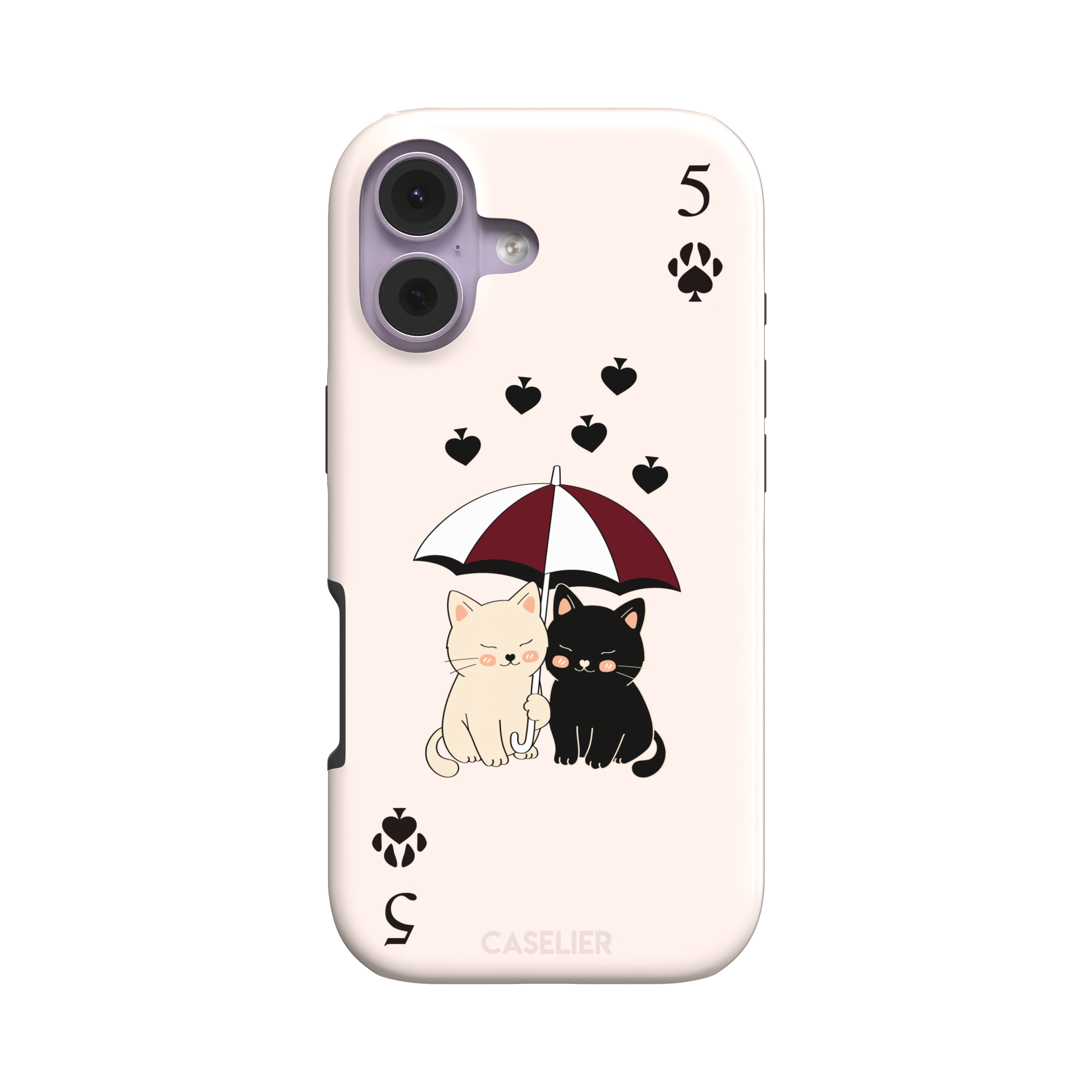 Five of Spades phone case in blush pink with two cartoon cats under a burgundy umbrella, black falling hearts and paw print spade symbols, by Caselier — tough case, front view