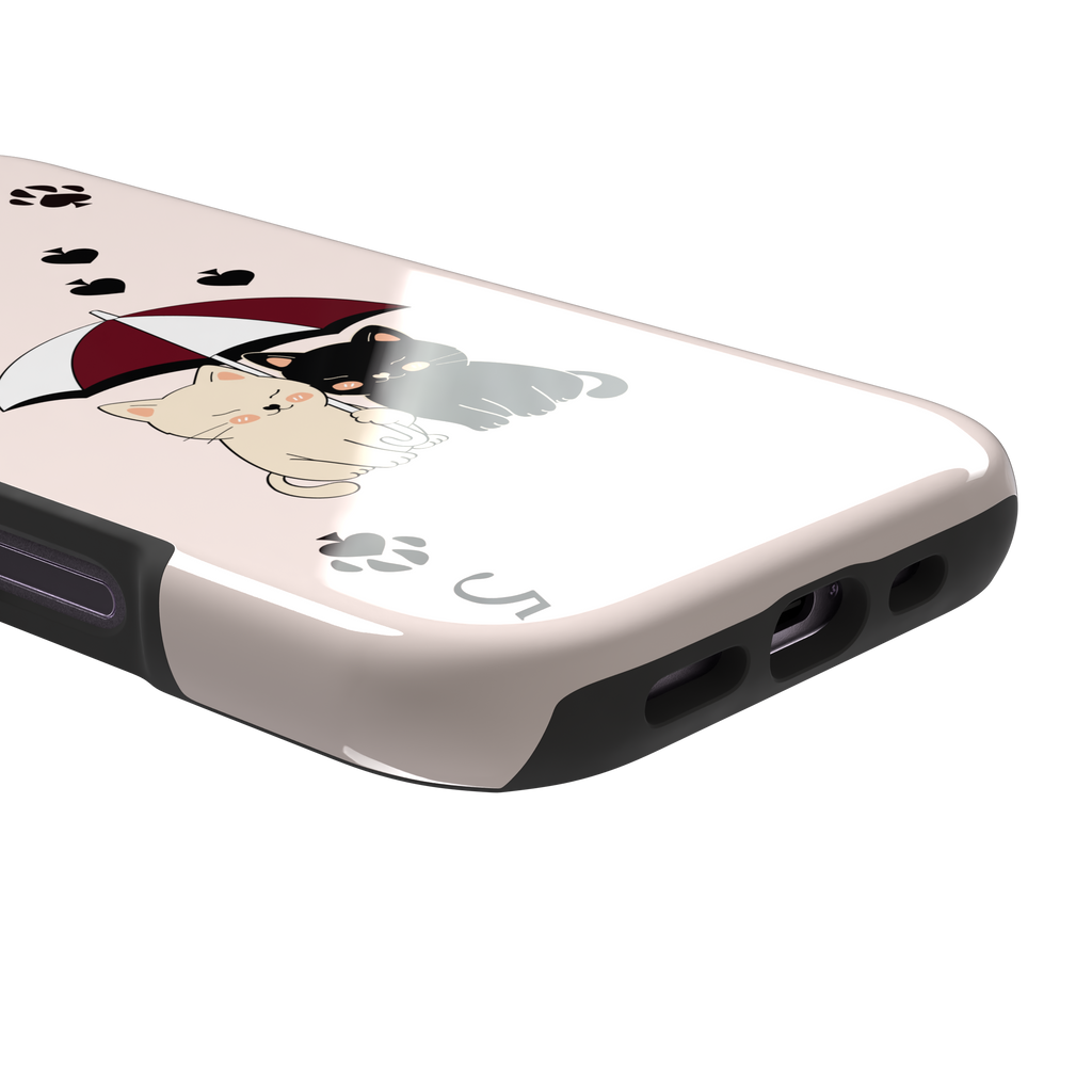 Five of Spades phone case in blush pink with two cartoon cats under a burgundy umbrella, black falling hearts and paw print spade symbols, by Caselier — tough case, charging port detail