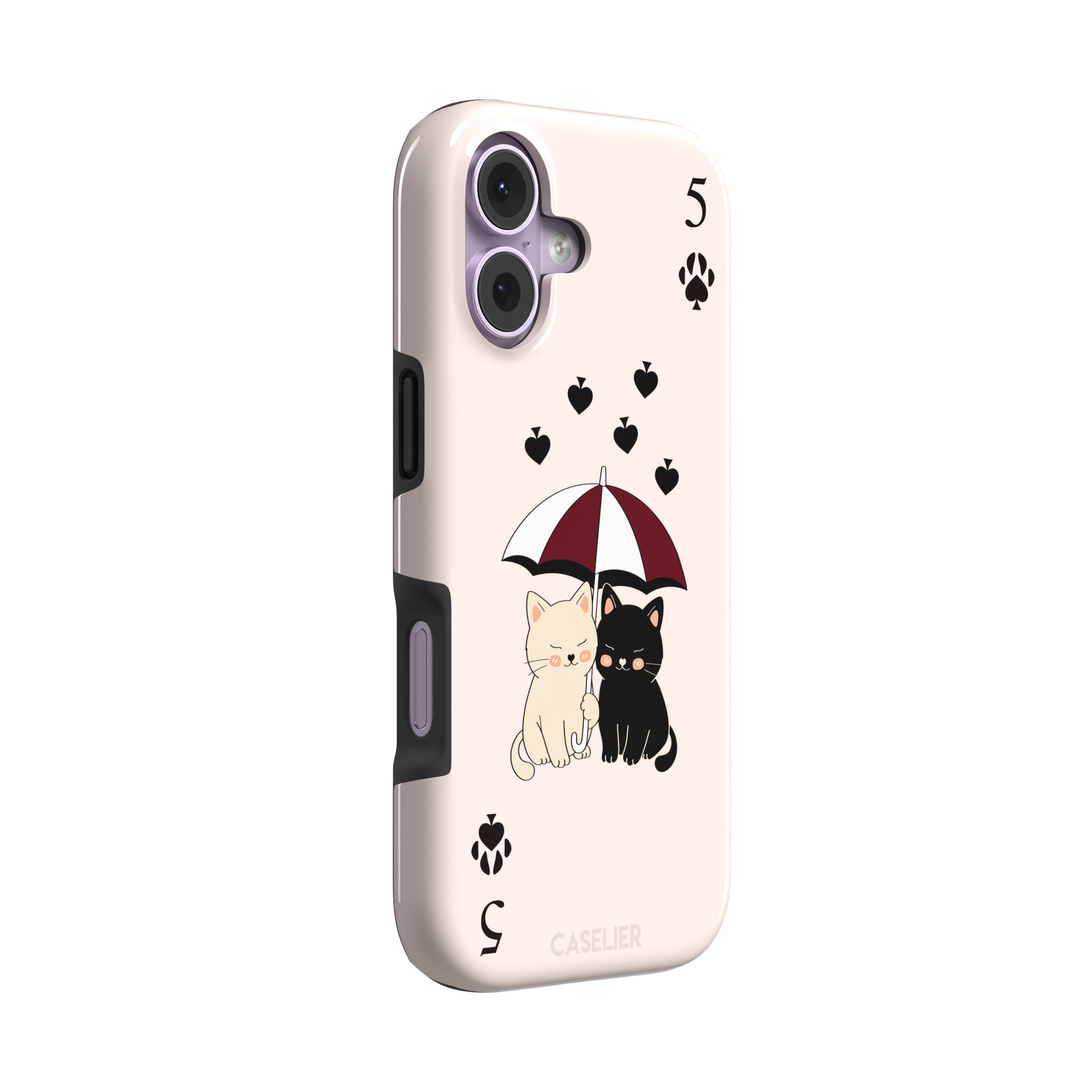 Five of Spades phone case in blush pink with two cartoon cats under a burgundy umbrella, black falling hearts and paw print spade symbols, by Caselier — tough case, left view