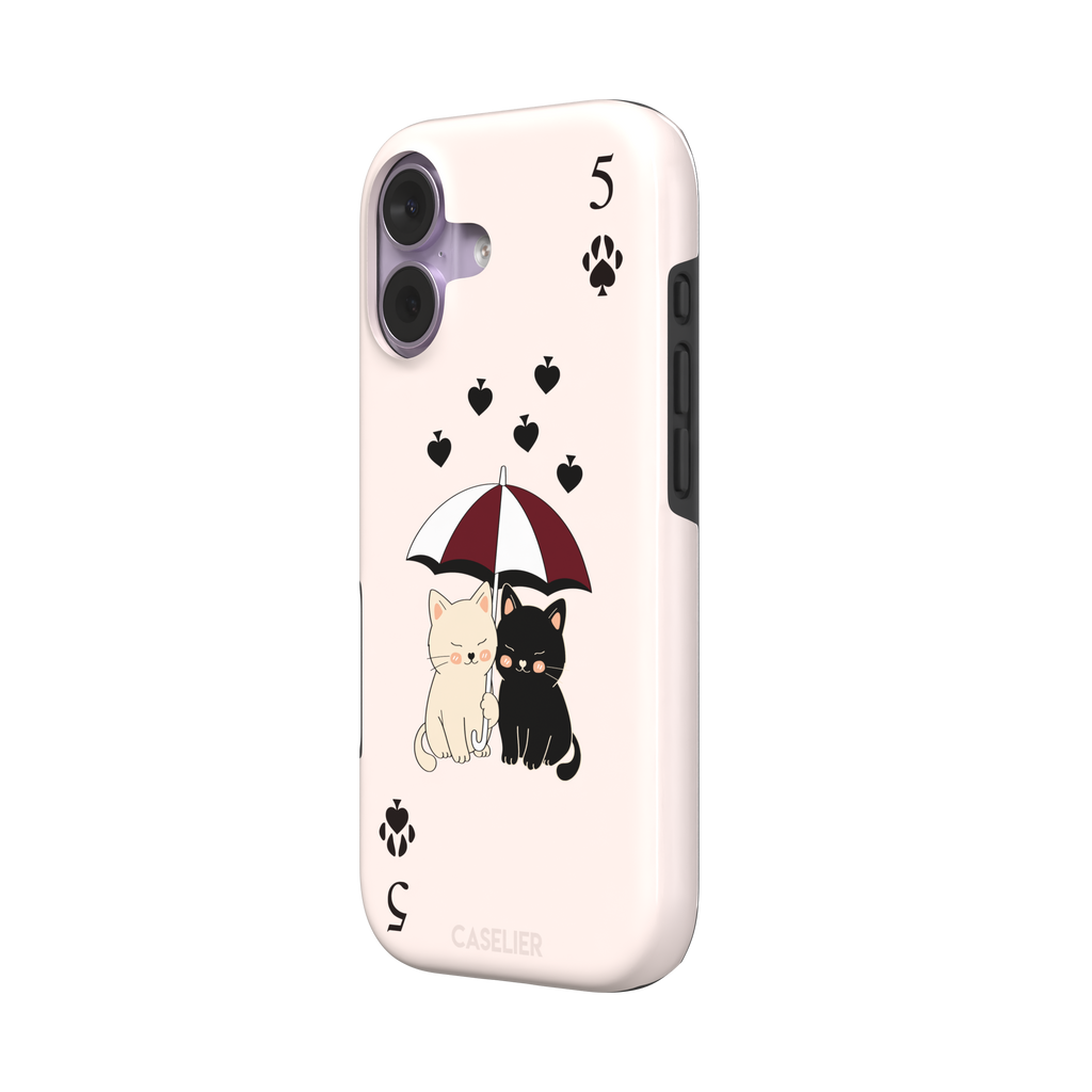Five of Spades phone case in blush pink with two cartoon cats under a burgundy umbrella, black falling hearts and paw print spade symbols, by Caselier — tough case, right view
