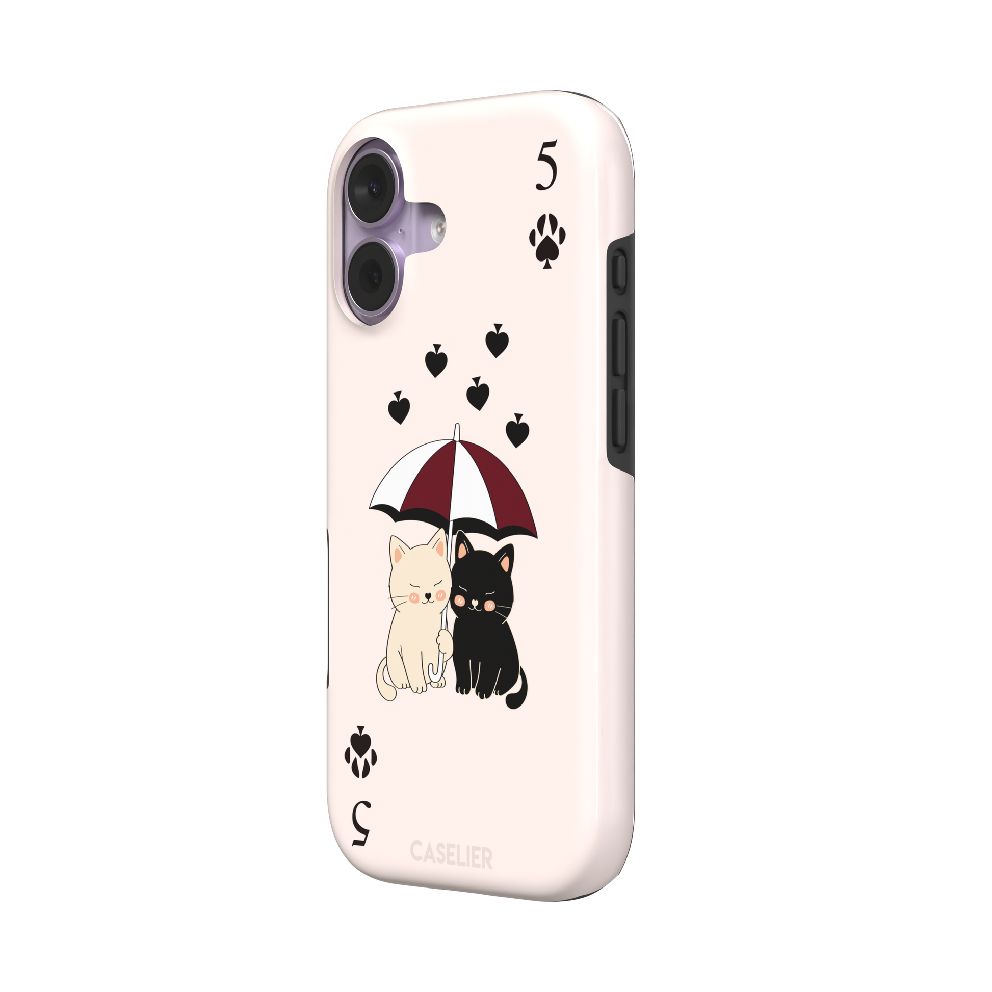 Five of Spades phone case in blush pink with two cartoon cats under a burgundy umbrella, black falling hearts and paw print spade symbols, by Caselier — tough case, right view