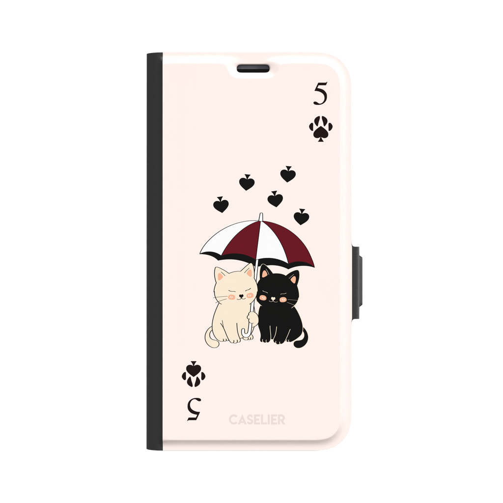 Five of Spades phone case in blush pink with two cartoon cats under a burgundy umbrella, black falling hearts and paw print spade symbols, by Caselier — wallet case, front view