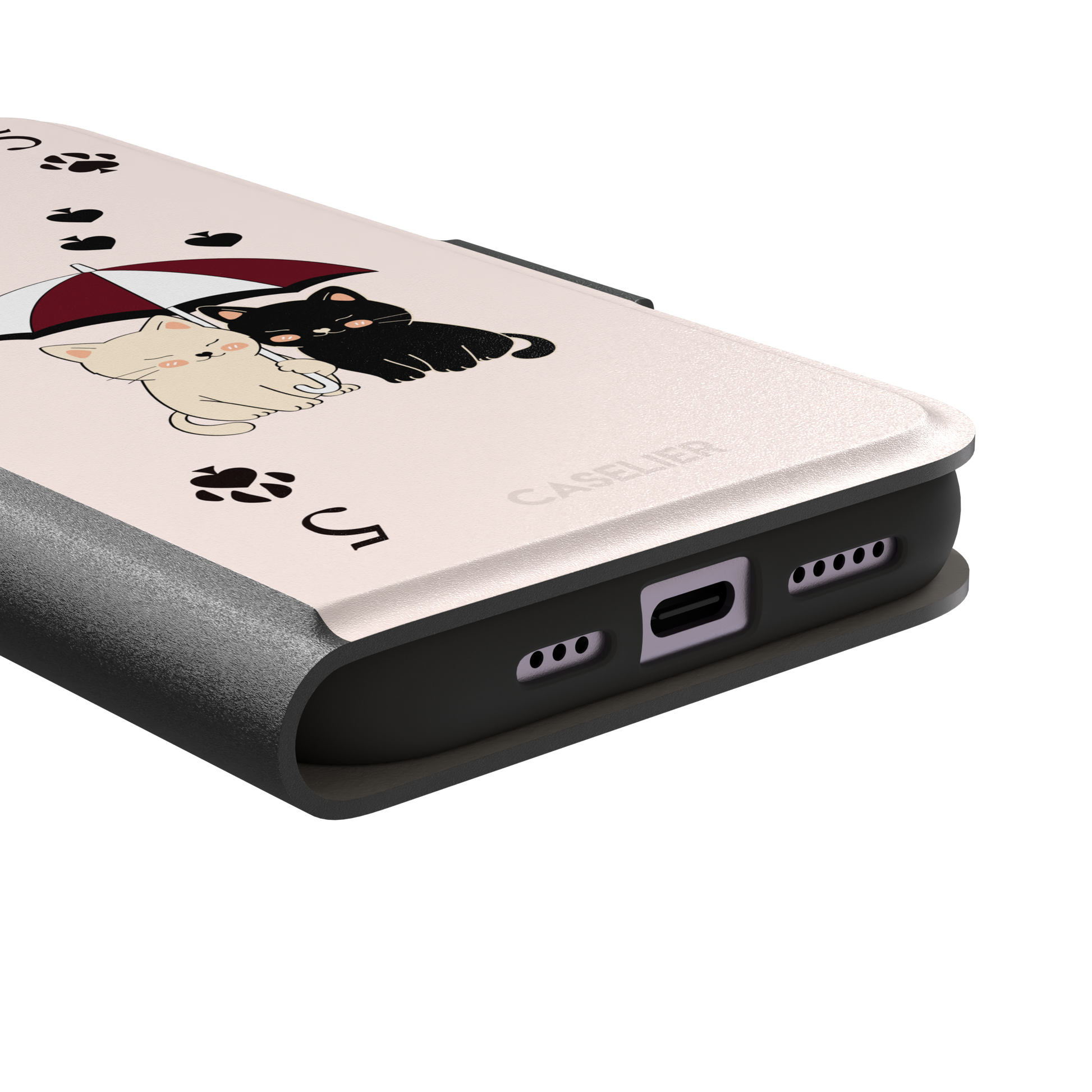 Five of Spades phone case in blush pink with two cartoon cats under a burgundy umbrella, black falling hearts and paw print spade symbols, by Caselier — wallet case, charging port detail