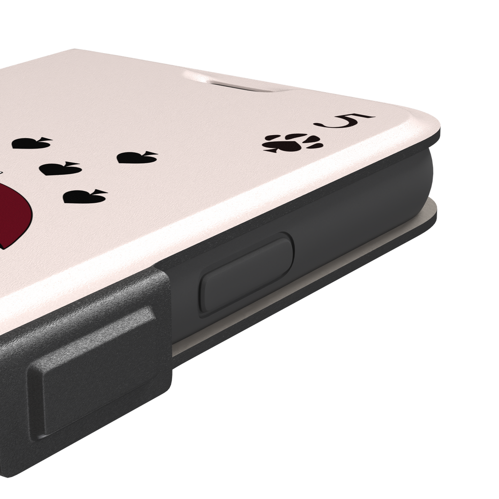 Five of Spades phone case in blush pink with two cartoon cats under a burgundy umbrella, black falling hearts and paw print spade symbols, by Caselier — wallet case, volume buttons detail