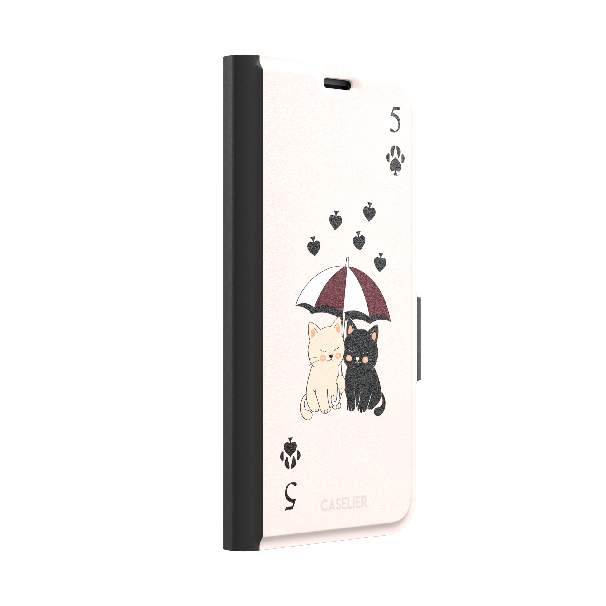 Five of Spades phone case in blush pink with two cartoon cats under a burgundy umbrella, black falling hearts and paw print spade symbols, by Caselier — wallet case, left view