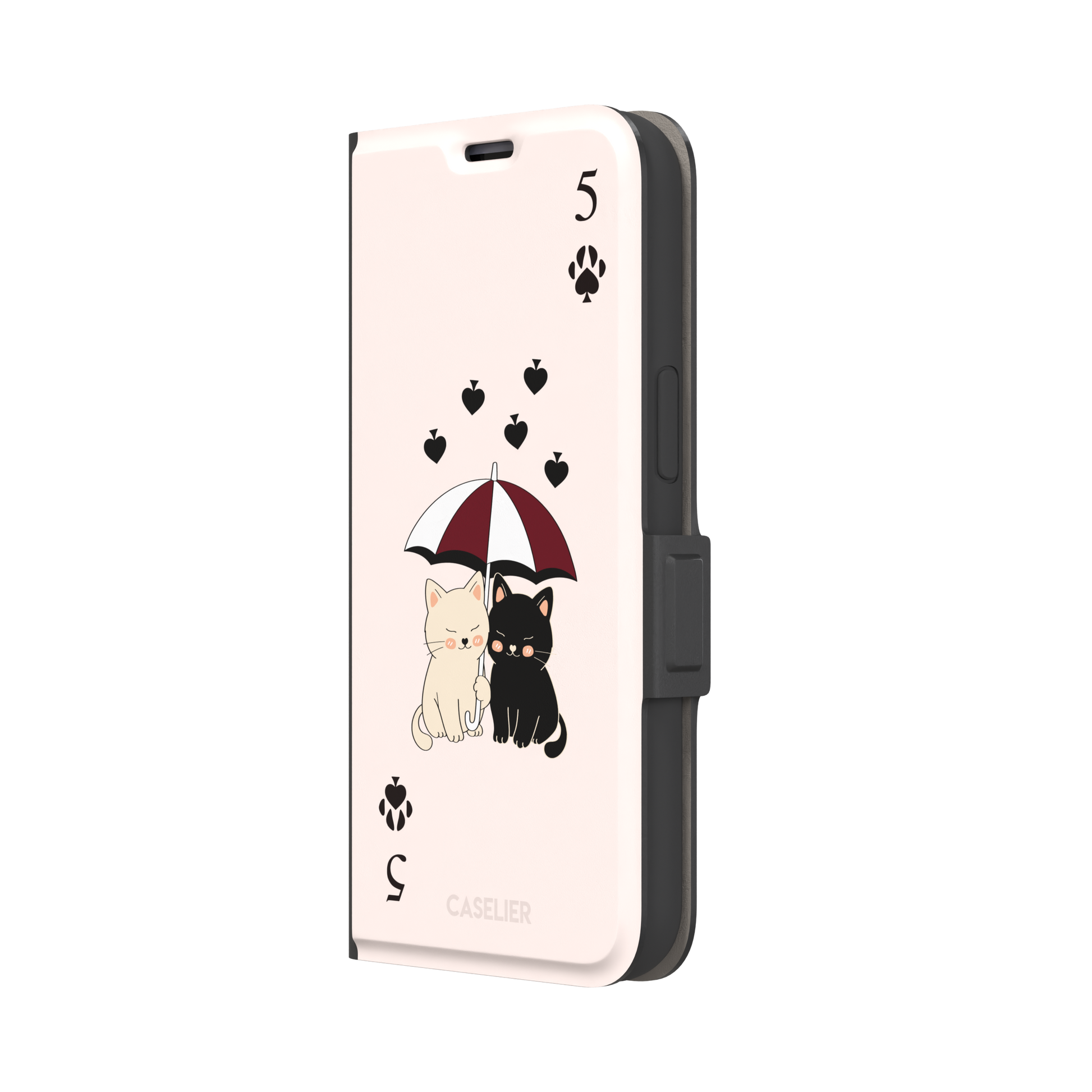 Five of Spades phone case in blush pink with two cartoon cats under a burgundy umbrella, black falling hearts and paw print spade symbols, by Caselier — wallet case, right view