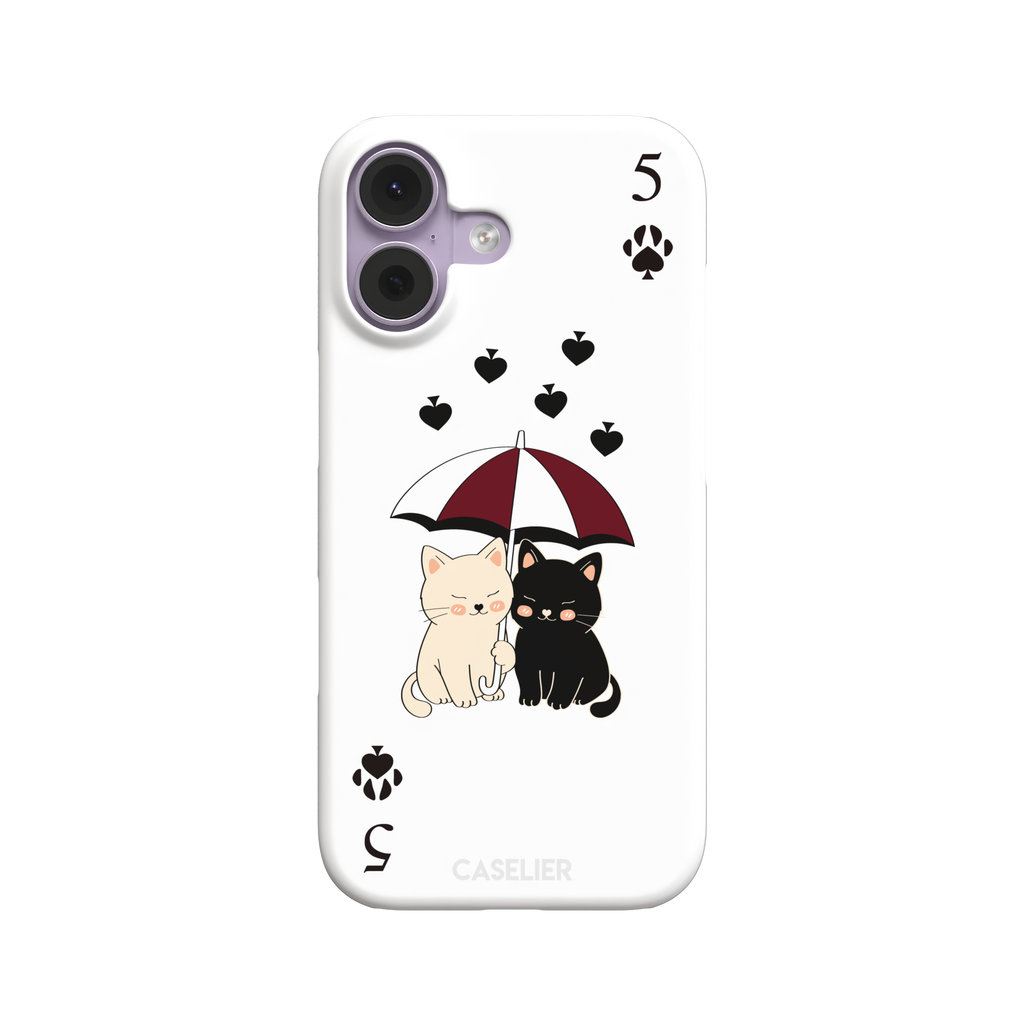 Five of Spades phone case in white with two cartoon cats under a burgundy umbrella, black falling hearts and paw print spade symbols — white colorway variant, phone case by Caselier — snap case, front view