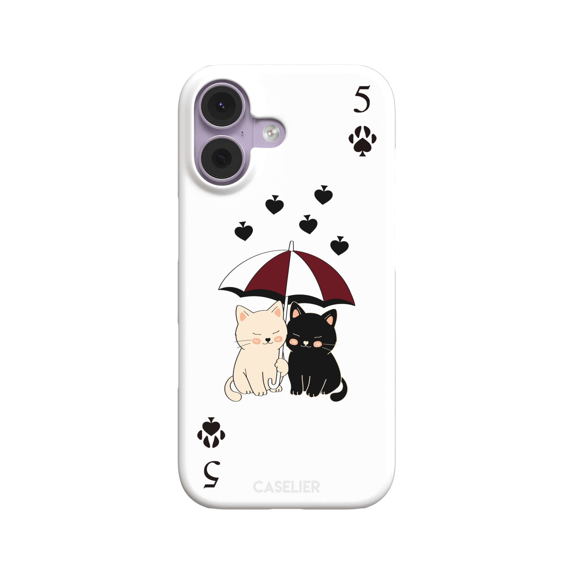 Five of Spades phone case in white with two cartoon cats under a burgundy umbrella, black falling hearts and paw print spade symbols — white colorway variant, phone case by Caselier — snap case, front view