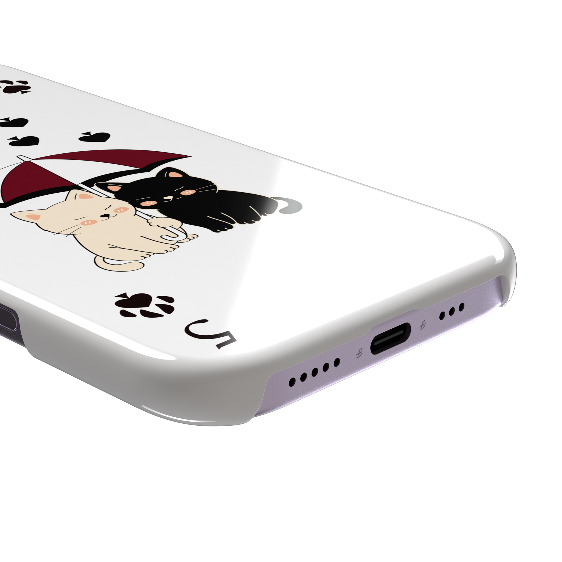 Five of Spades phone case in white with two cartoon cats under a burgundy umbrella, black falling hearts and paw print spade symbols — white colorway variant, phone case by Caselier — snap case, charging port detail