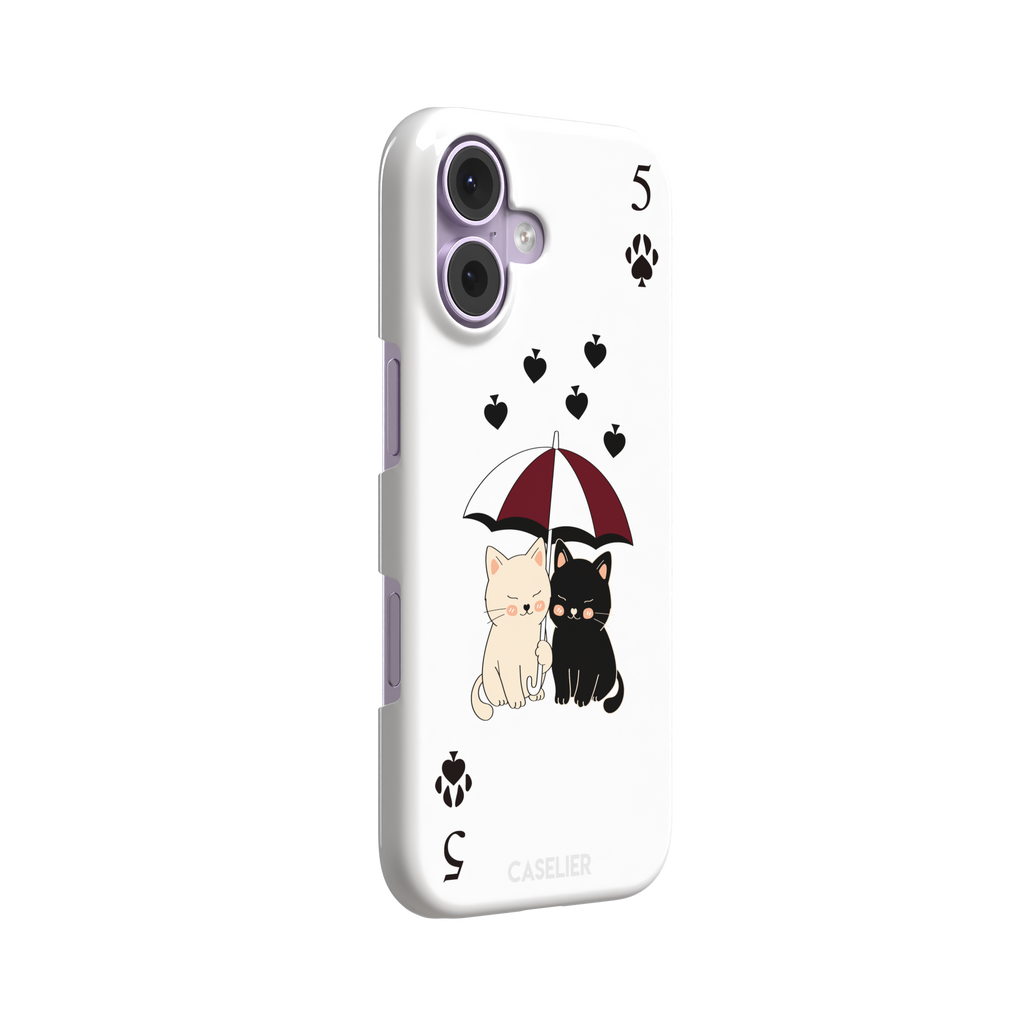 Five of Spades phone case in white with two cartoon cats under a burgundy umbrella, black falling hearts and paw print spade symbols — white colorway variant, phone case by Caselier — snap case, left view