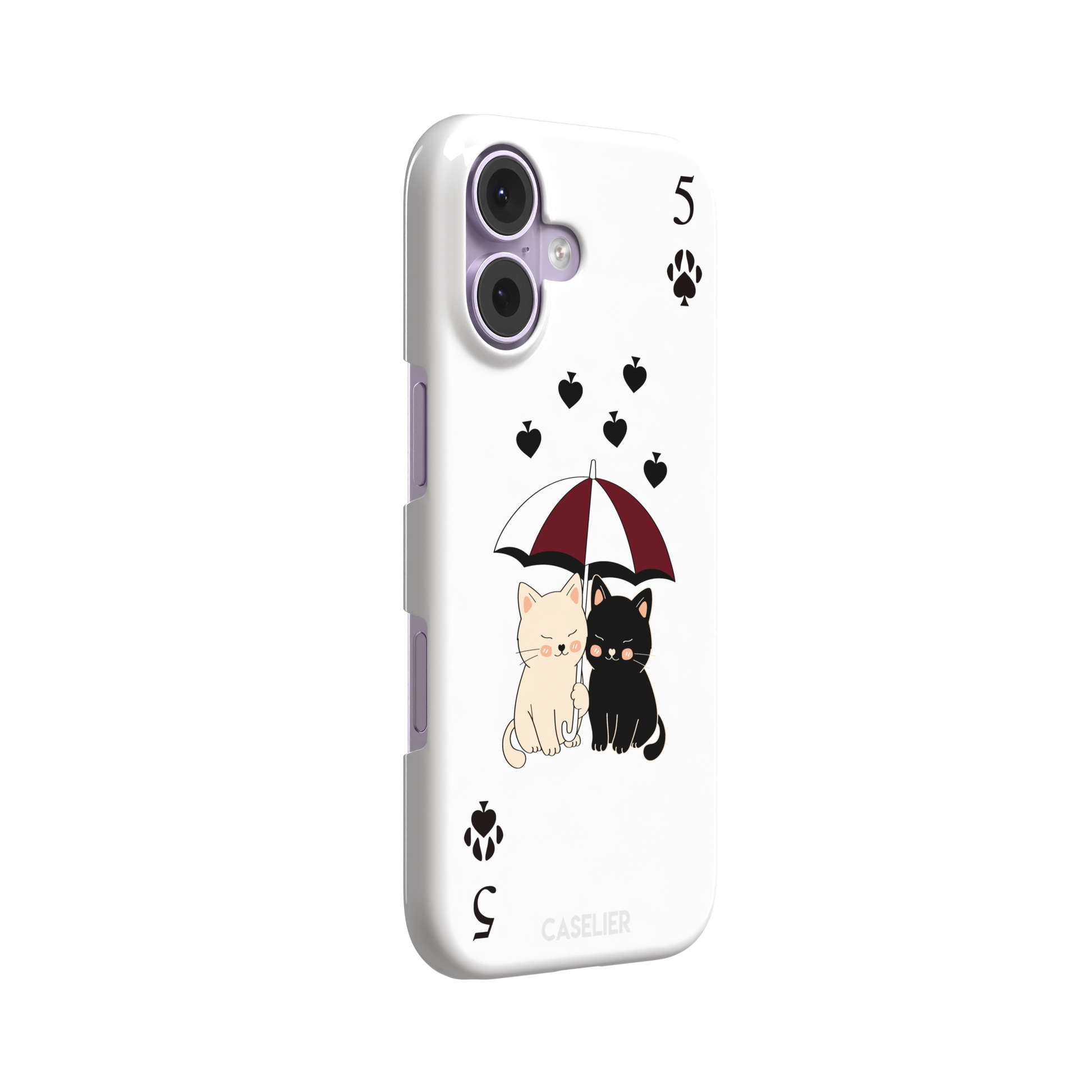 Five of Spades phone case in white with two cartoon cats under a burgundy umbrella, black falling hearts and paw print spade symbols — white colorway variant, phone case by Caselier — snap case, left view