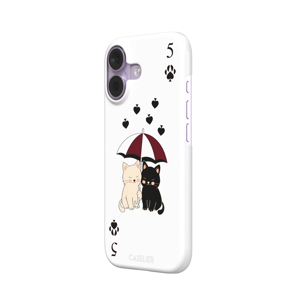 Five of Spades phone case in white with two cartoon cats under a burgundy umbrella, black falling hearts and paw print spade symbols — white colorway variant, phone case by Caselier — snap case, right view