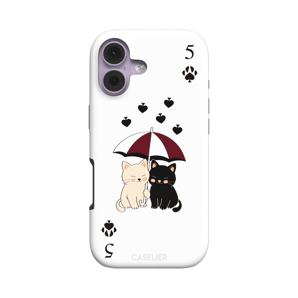 Five of Spades phone case in white with two cartoon cats under a burgundy umbrella, black falling hearts and paw print spade symbols — white colorway variant, phone case by Caselier — tough case, front view