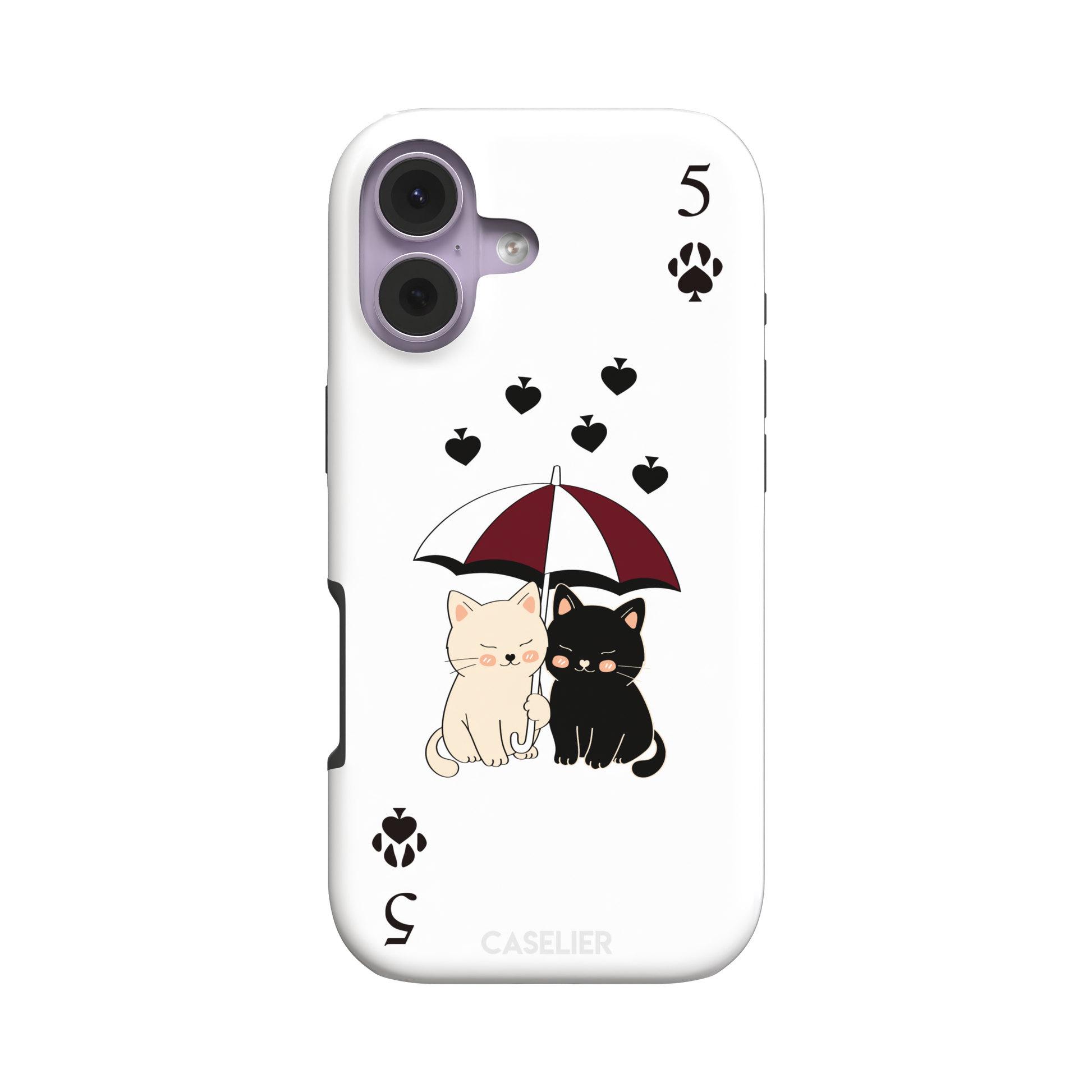 Five of Spades phone case in white with two cartoon cats under a burgundy umbrella, black falling hearts and paw print spade symbols — white colorway variant, phone case by Caselier — tough case, front view