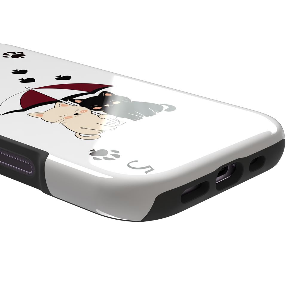 Five of Spades phone case in white with two cartoon cats under a burgundy umbrella, black falling hearts and paw print spade symbols — white colorway variant, phone case by Caselier — tough case, charging port detail