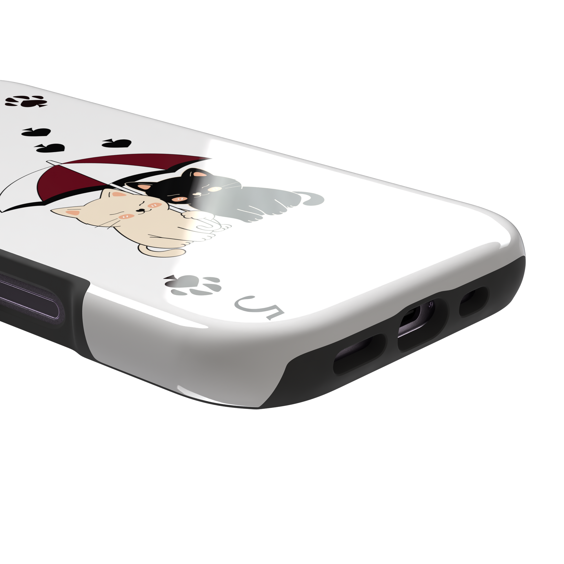 Five of Spades phone case in white with two cartoon cats under a burgundy umbrella, black falling hearts and paw print spade symbols — white colorway variant, phone case by Caselier — tough case, charging port detail
